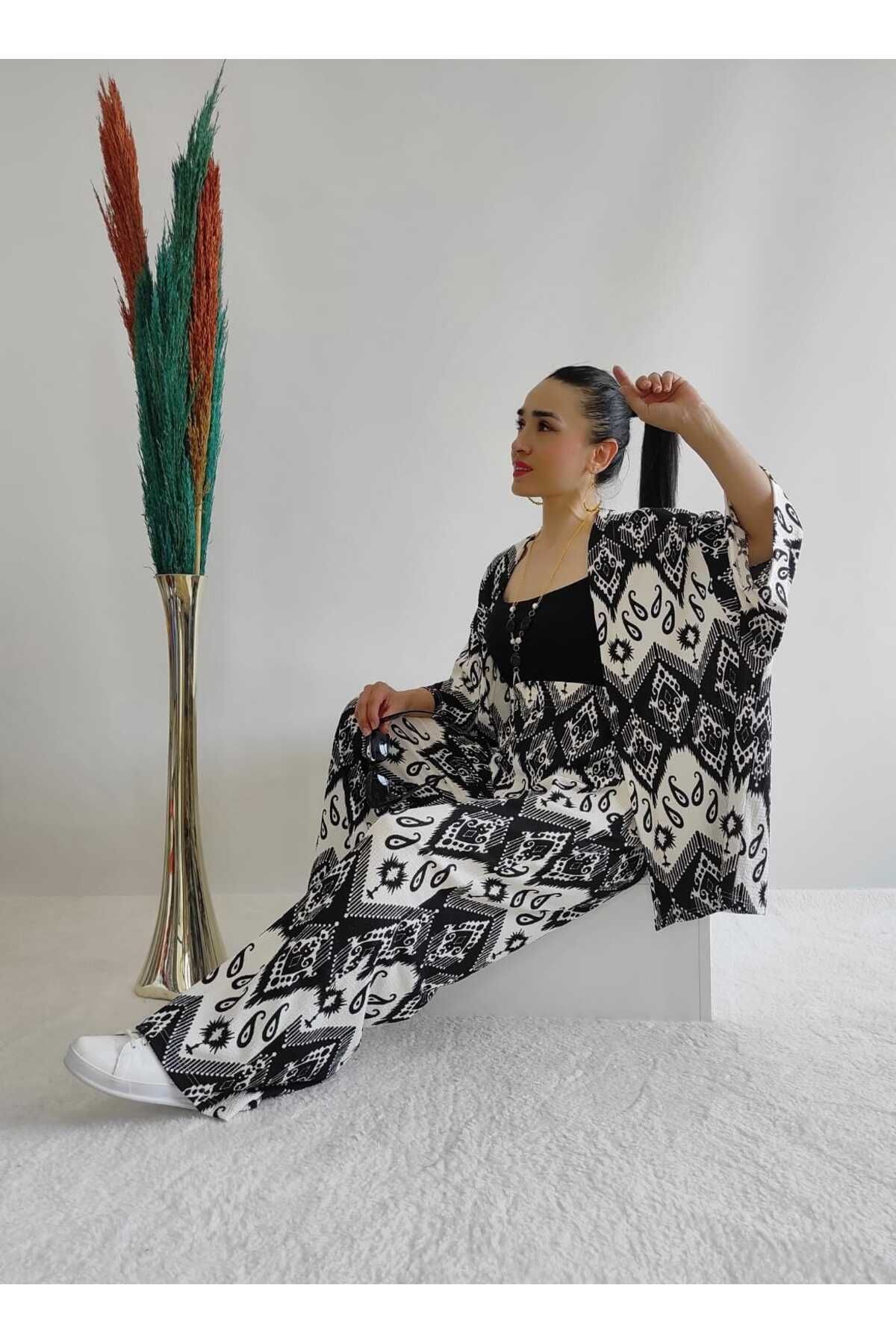 İpli Siyah Renk Desenli Ikili Kimono Takım ( Rahat Kalıp )