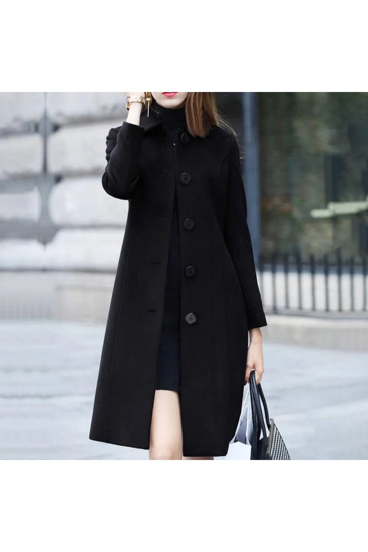 NeednStore Kadın Siyah Renkli Zarif Yaka Yünlü Uzun Kaşe Palto Kaban Mont