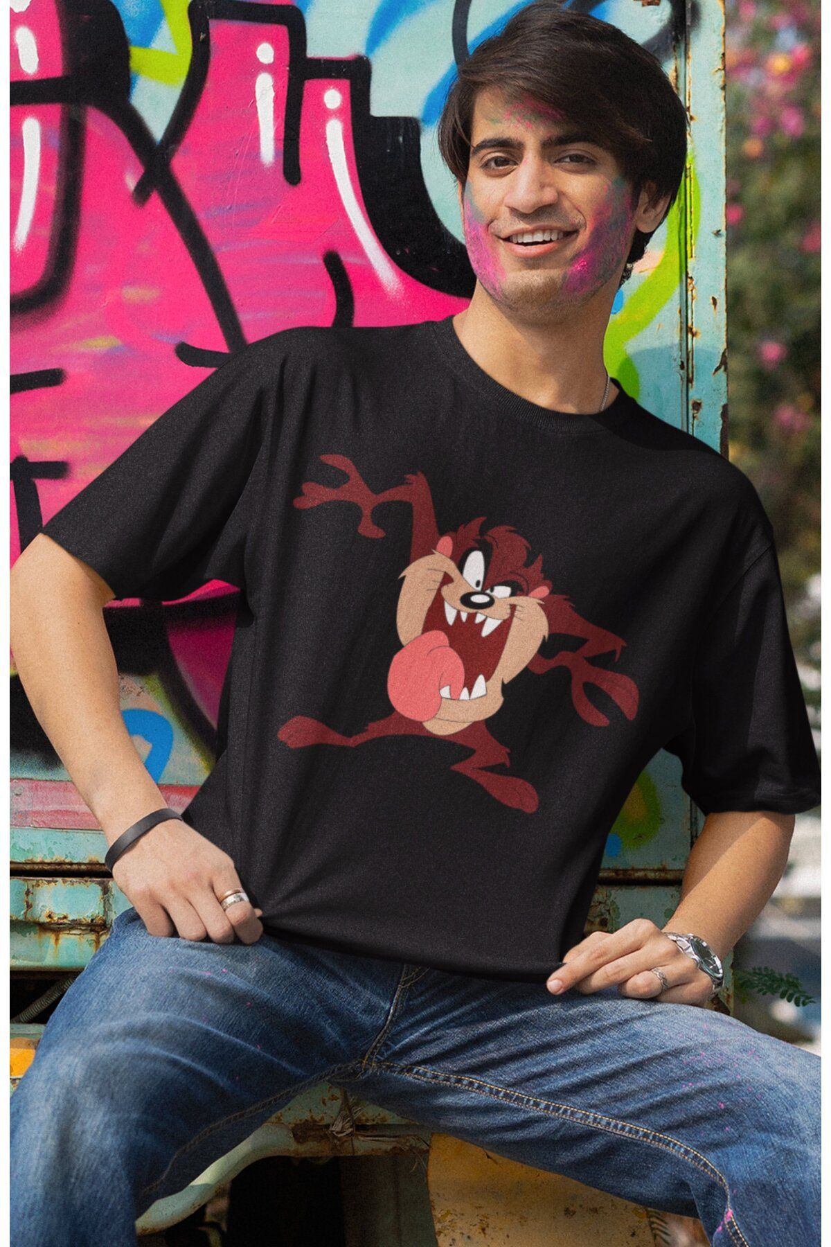 Fuddy Moda Sevimli Tazmanya Canavarı Baskılı Tişört, Erkek-Kadın Çizgi Film Karakteri Baskılı Çift T-shirt