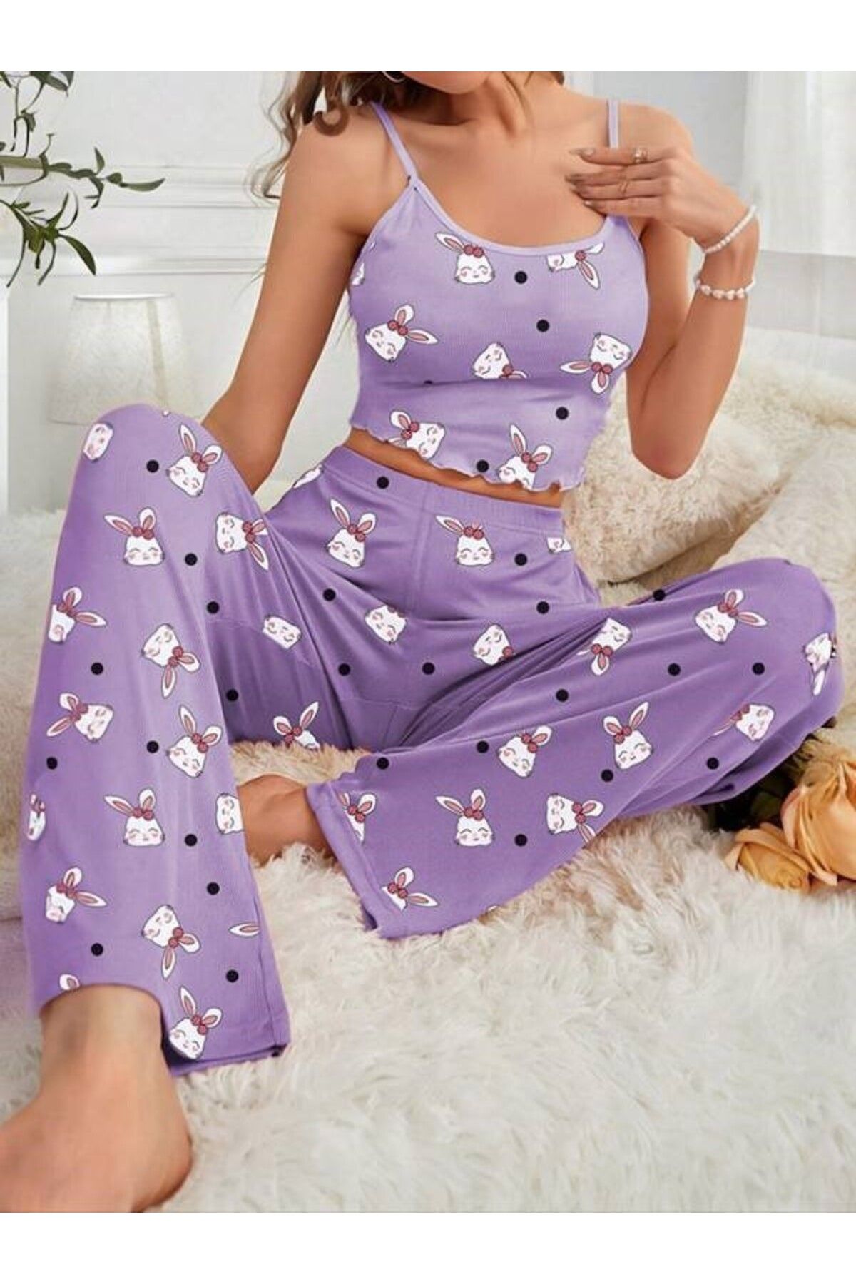 Aura Kadın Askılı Uzun Pijama Takımı Rabbit6