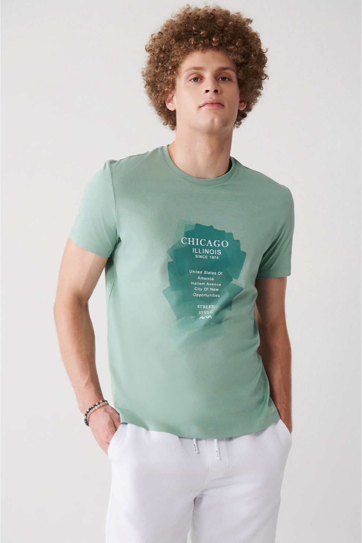 Avva Erkek Su Yeşili %100 Pamuk Bisiklet Yaka Baskılı Comfort Fit Rahat Kesim T-shirt A31y1183