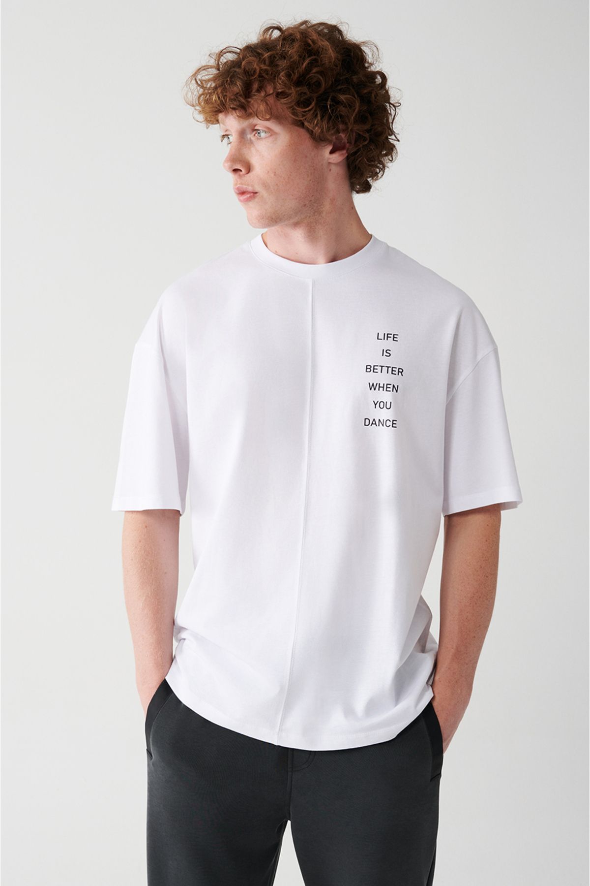 Avva Erkek Beyaz Oversize %100 Pamuk Bisiklet Yaka Slogan Baskılı T-shirt A31y1178