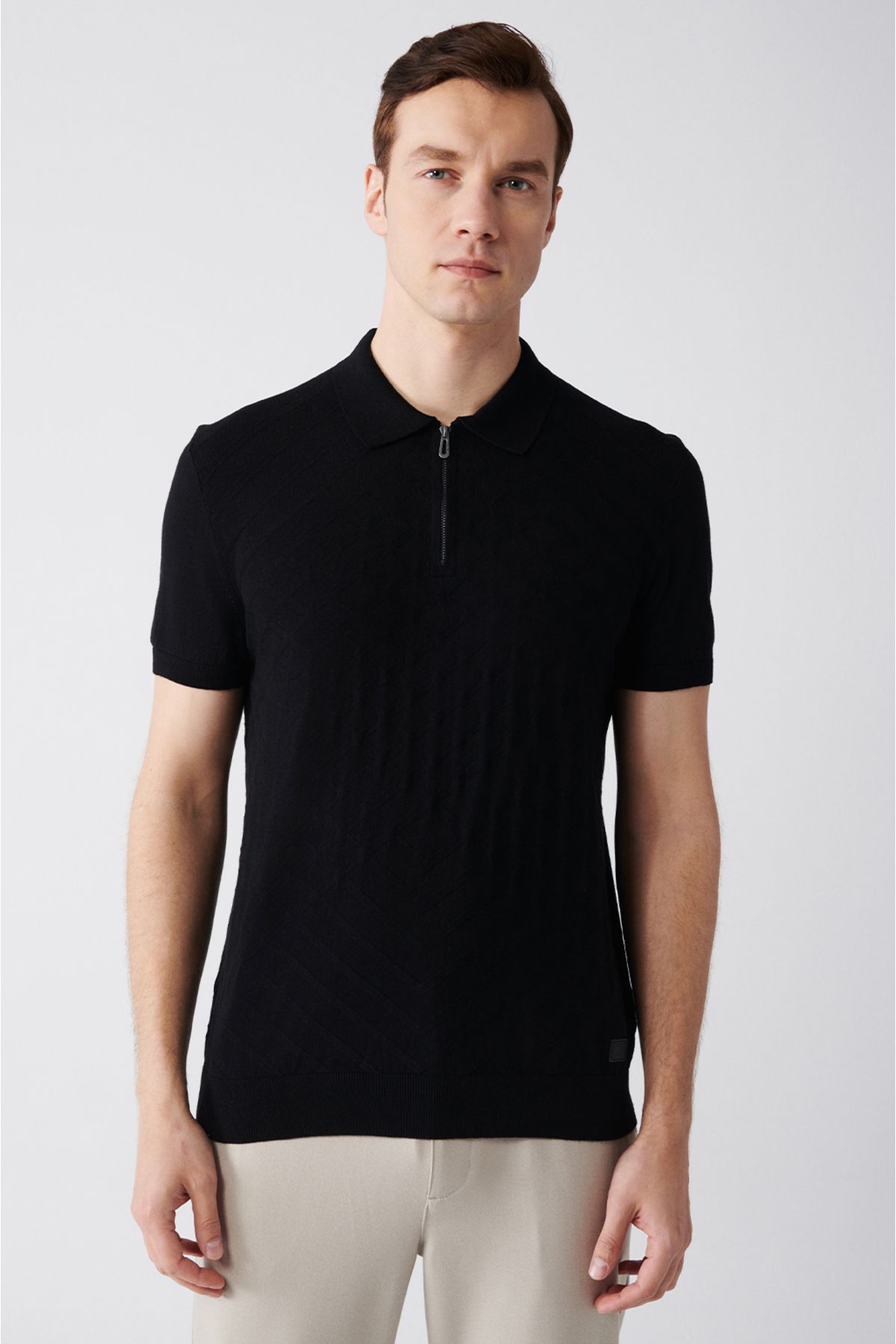 Avva Erkek Siyah Polo Yaka Jakarlı Ribanalı Regular Fit Triko T-shirt A31y5135