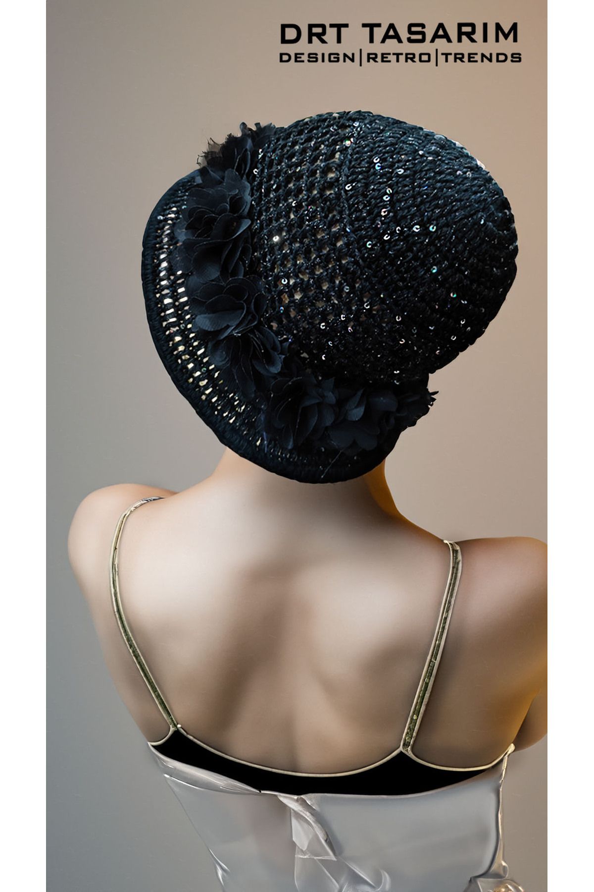 drt tasarım El Örgüsü Koton Siyah Çiçek Süslemeli Payetli Kadın Kloş Şapka