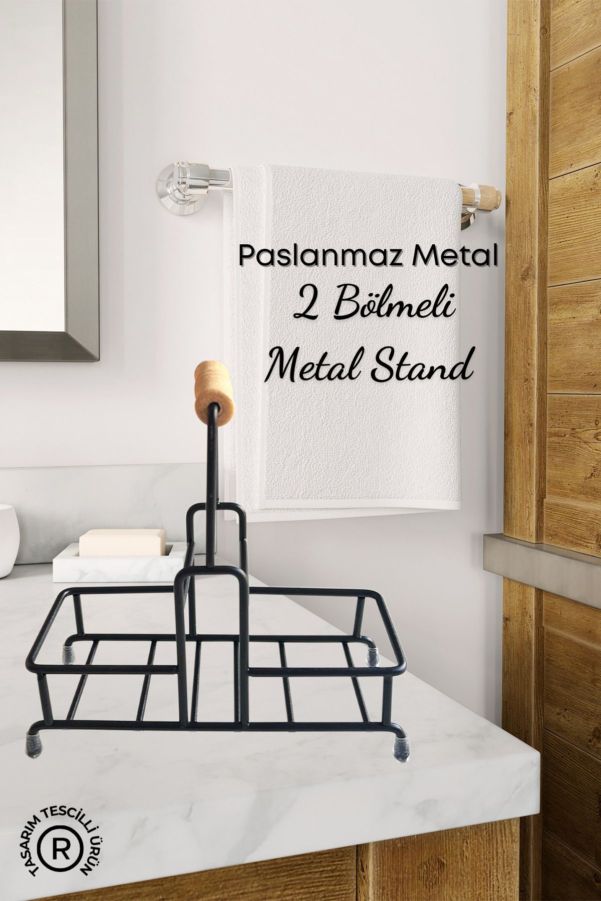 GRİMOR Life 2 Bölmeli Çok Amaçlı Ahşap Kulplu Metal Stand Düzenleyici Organizer- Sıvı Sabunluk- Yağdanlık Standı