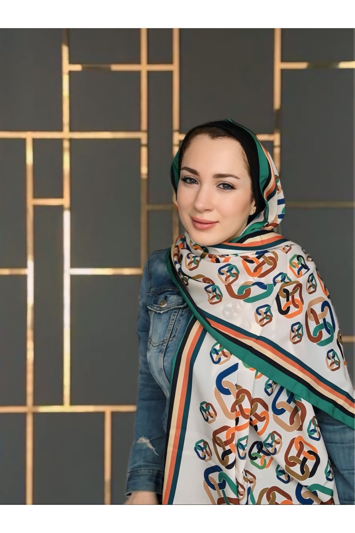 yelvas Zincir Desenli Dijital Krep Şal Hijab Scarf Yeşil