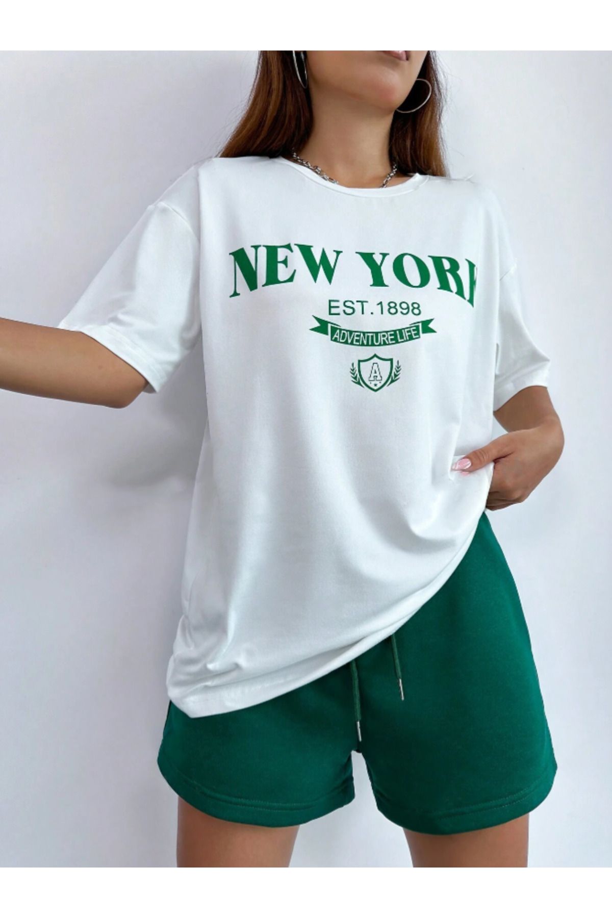 Revasser Unisex Kadın/Erkek Beyaz Yeşil NewYork Özel Baskılı Şort T-shirt Takımı
