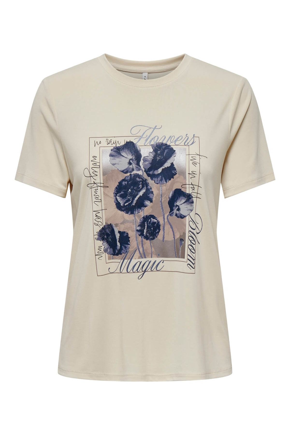 Only Kadın T-shirt Bej 15303212 Onlfree Lıfe Reg S/s Leaf Top Box Jrs