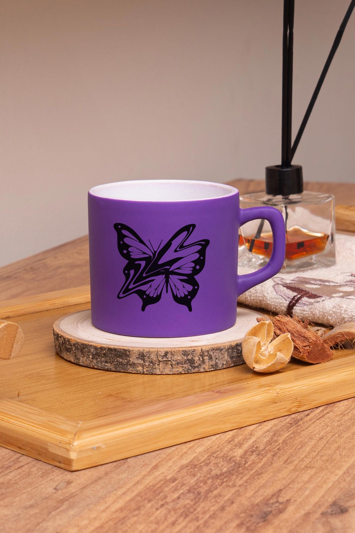 Seraclass Mor Renkli Butterfly Tasarımlı Çay & Nescafe Fincanı