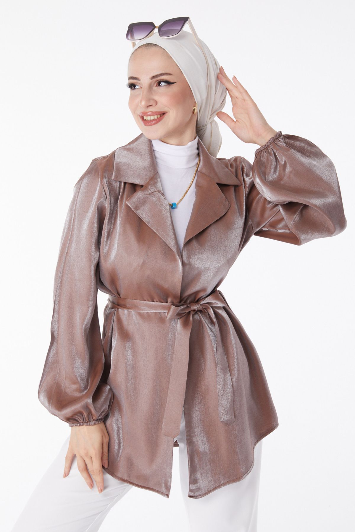 TOFİSA Düz Ceket Yaka Kadın Kahverengi Parlak Detaylı Kuşaklı Ceket - 24752