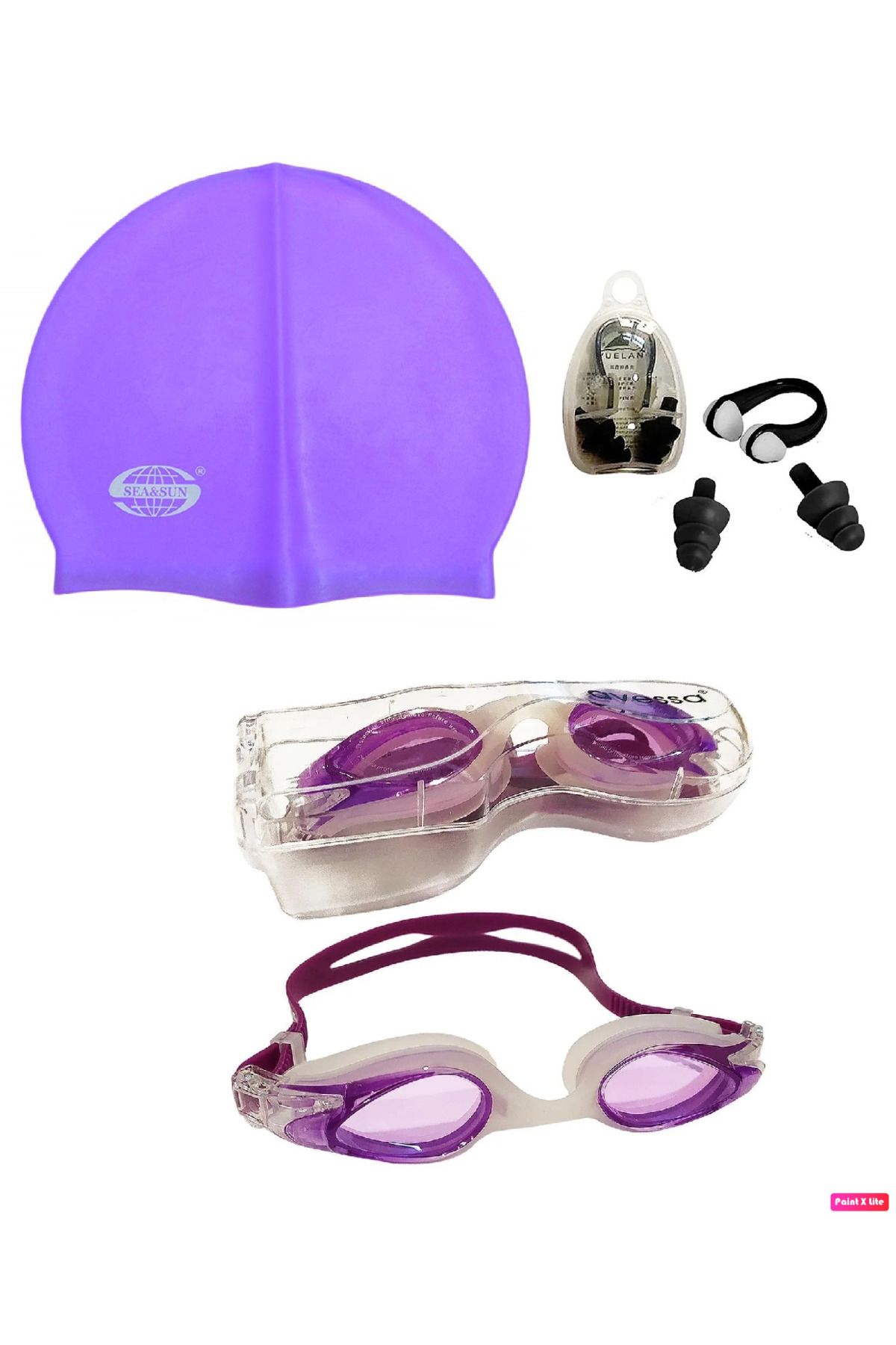 Avessa 3'lü Yetişkin Unisex Havuz Seti Yüzücü Deniz Gözlüğü Havuz Gözlüğü + Bone + Kulak Burun Tıkacı Mor