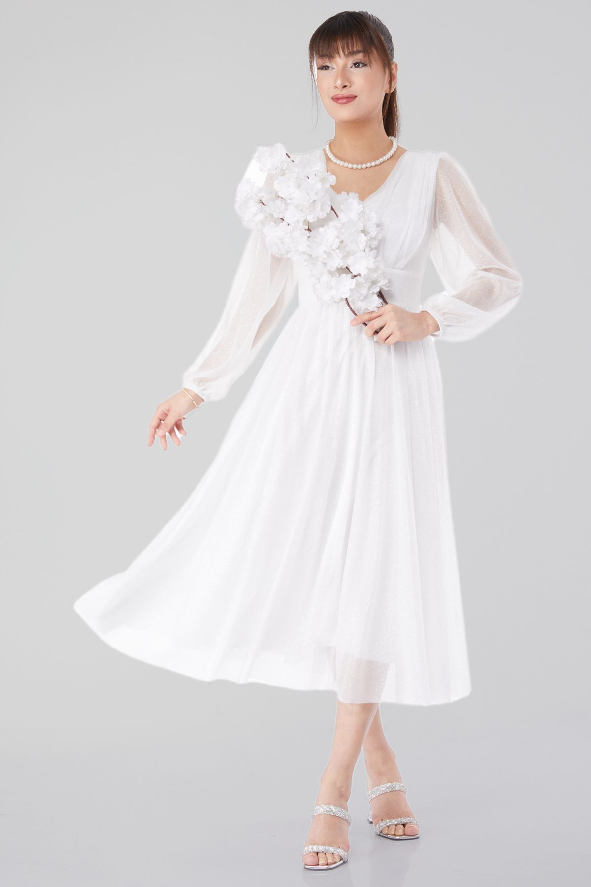 TOFİSA Düz Orta Kadın Beyaz V Yaka Büzgülü Elbise - 25103