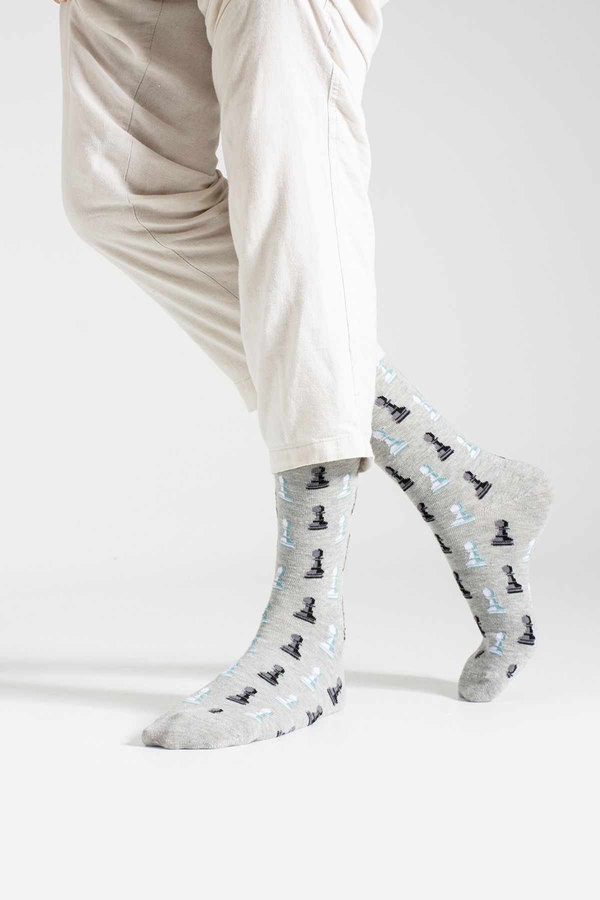 Socks Here Erkek Satranç Desen  Gri Soket Çorap