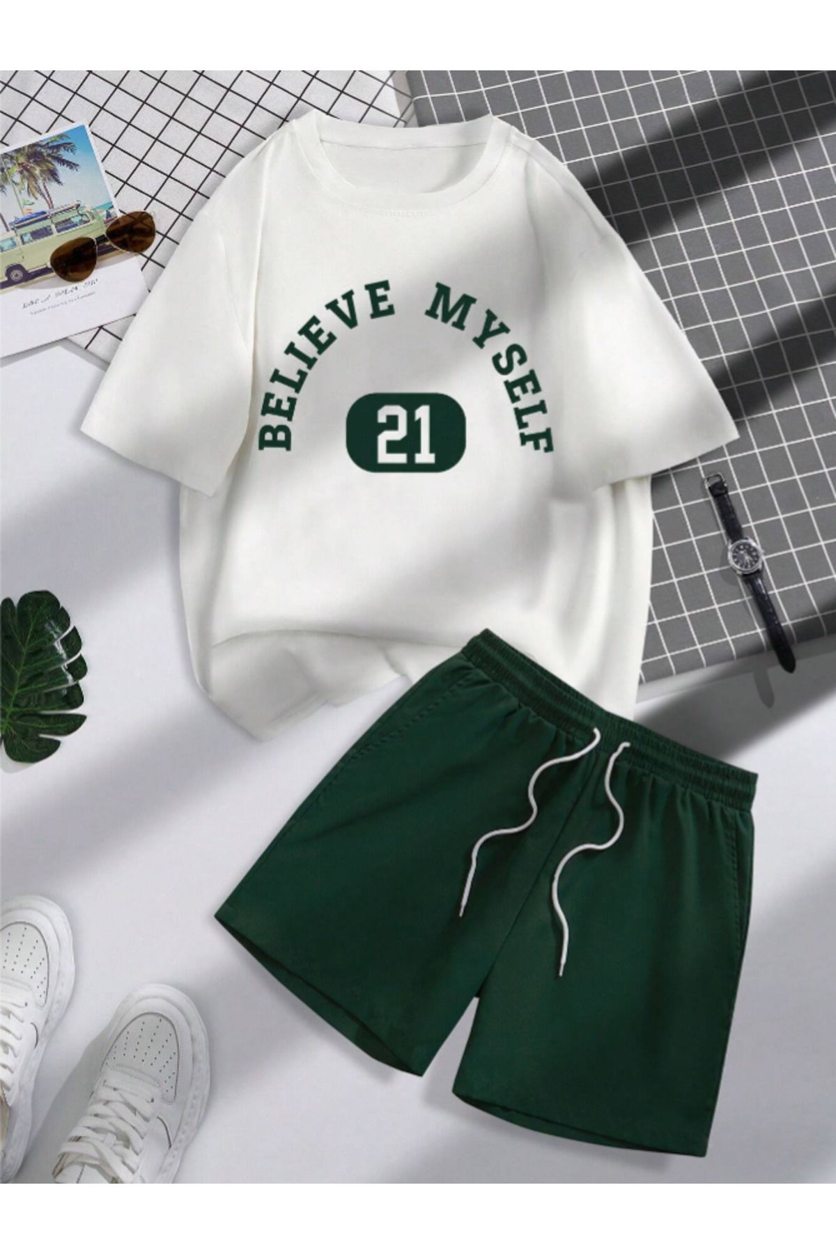 Revasser Unisex Kadın/Erkek Beyaz Yeşil Believe Özel Baskılı Şort T-shirt Takımı
