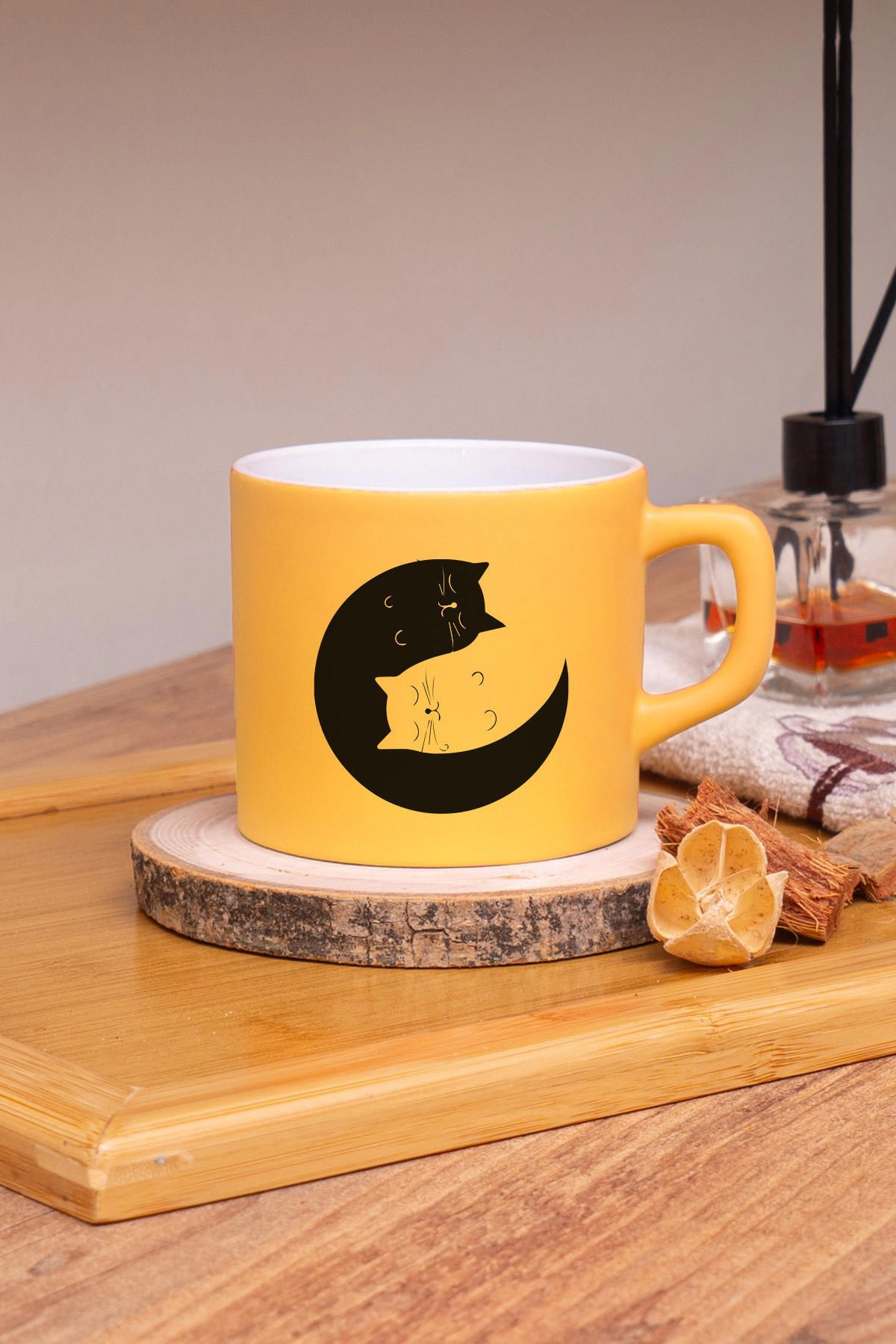 Seraclass Sarı Renkli Kedi Tasarımlı Çay & Nescafe Fincanı