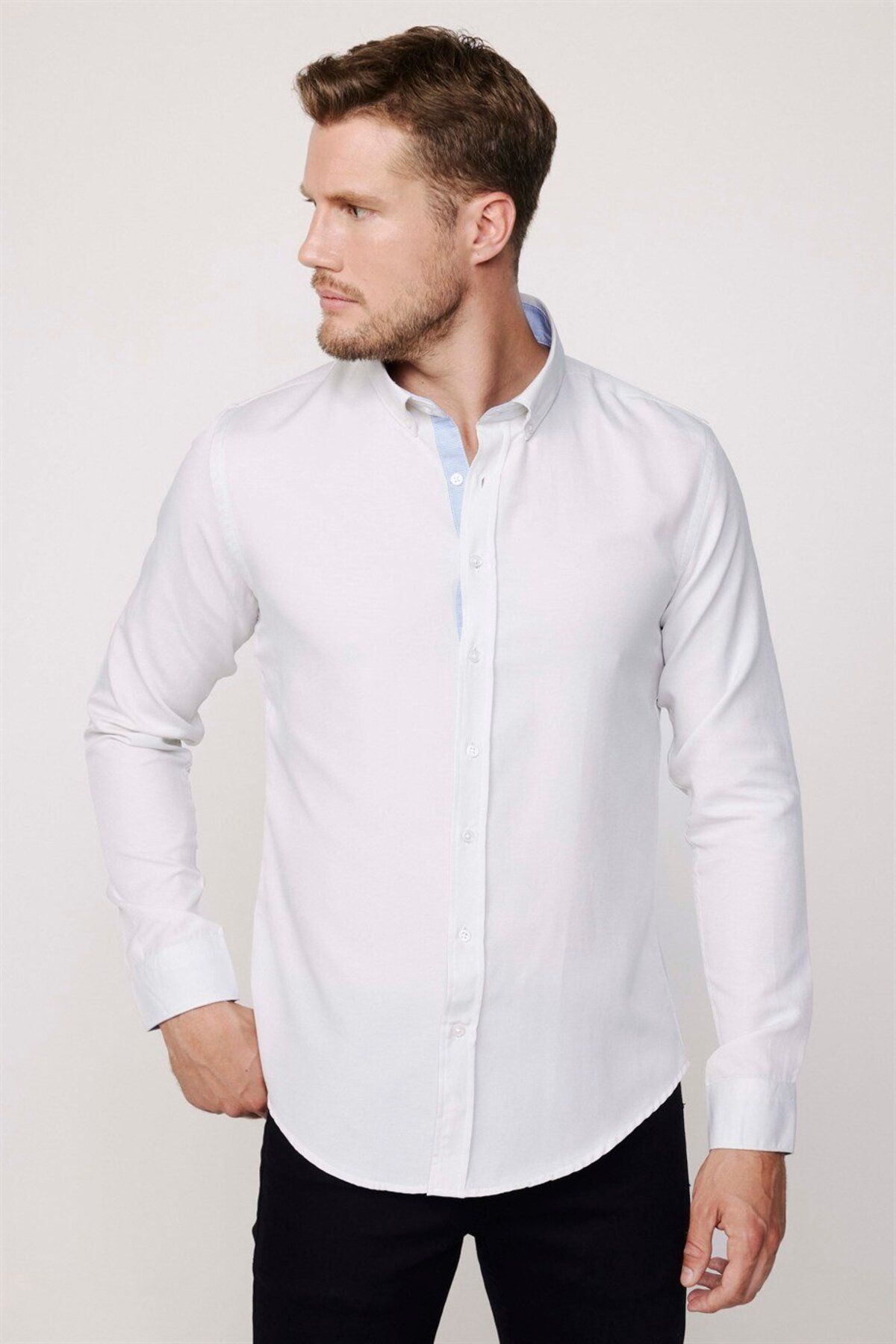 Tudors Slim Fit Uzun Kollu Düğmeli Yaka Pamuklu Kolay Ütü Düz Erkek Gömlek
