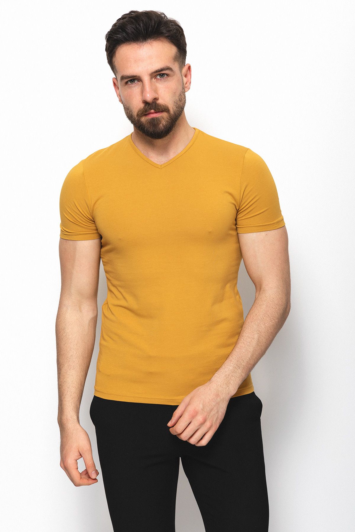 Mcr Düz Hardal Rengi Super Slim Fit V Yaka Basic Erkek T-shirt