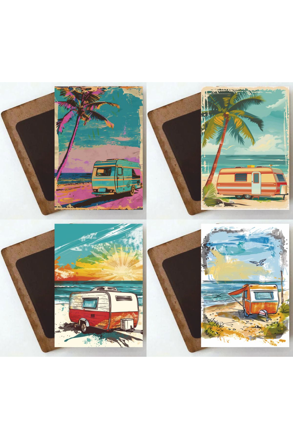 Hayat Poster karavan kamp sahil deniz vintage tarzda ev mutfak dekorasyon 4lü ahşap magnet buzdolabı süsü