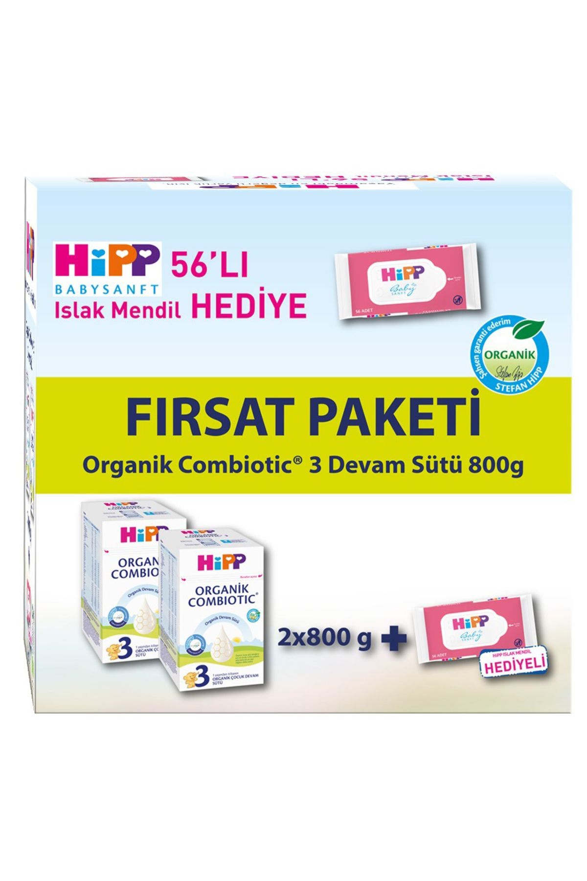 Hipp 3 Organik Bebek Sütü Combiotic 800 gr X 2 Adet Avantaj Paketi (Islak Mendil Hediyeli)
