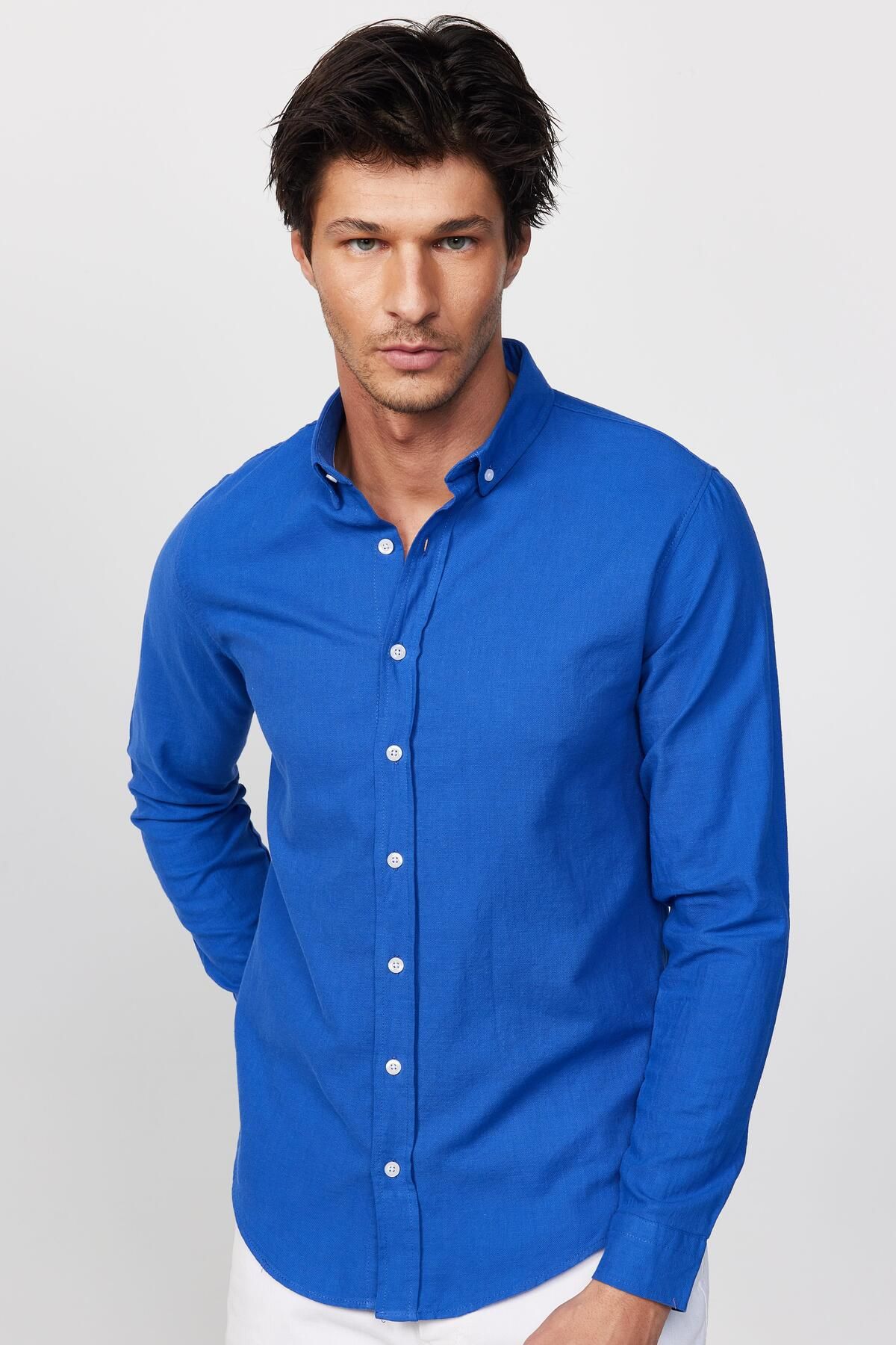 Tudors Slim Fit Uzun Kollu Biyeli Yaka Düğmeli Keten Saks Mavi Erkek Gömlek