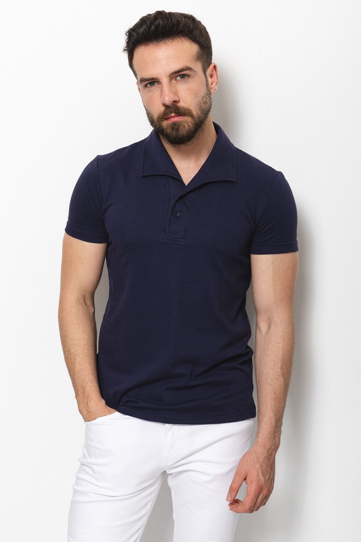 Mcr Desenli Lacivert Renk Slim Fit Apaç Yaka Keten Erkek T-shirt