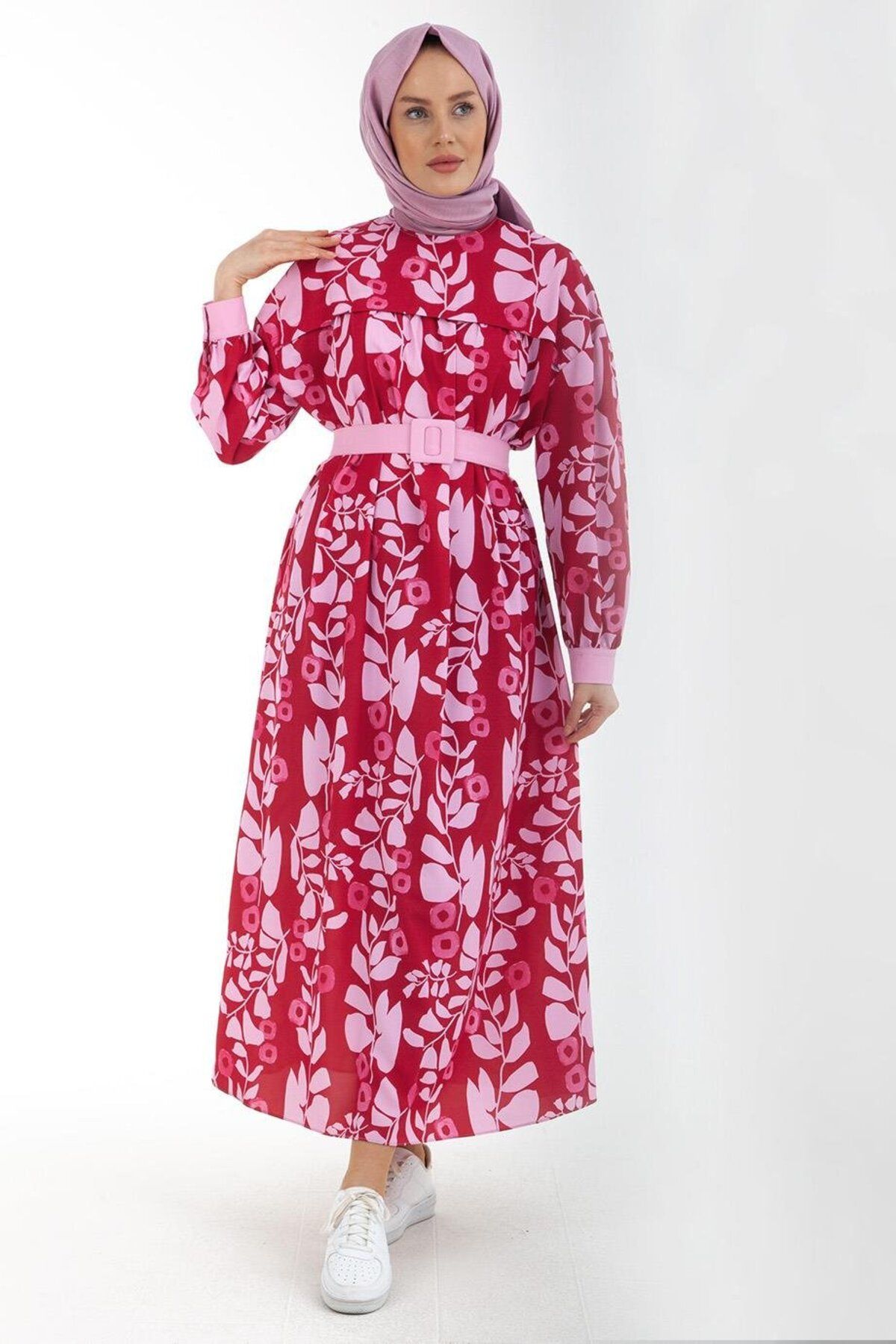 Armine Trend Çiçek Desenli Beli Kemerli Elbise-kırmızı 22k9506