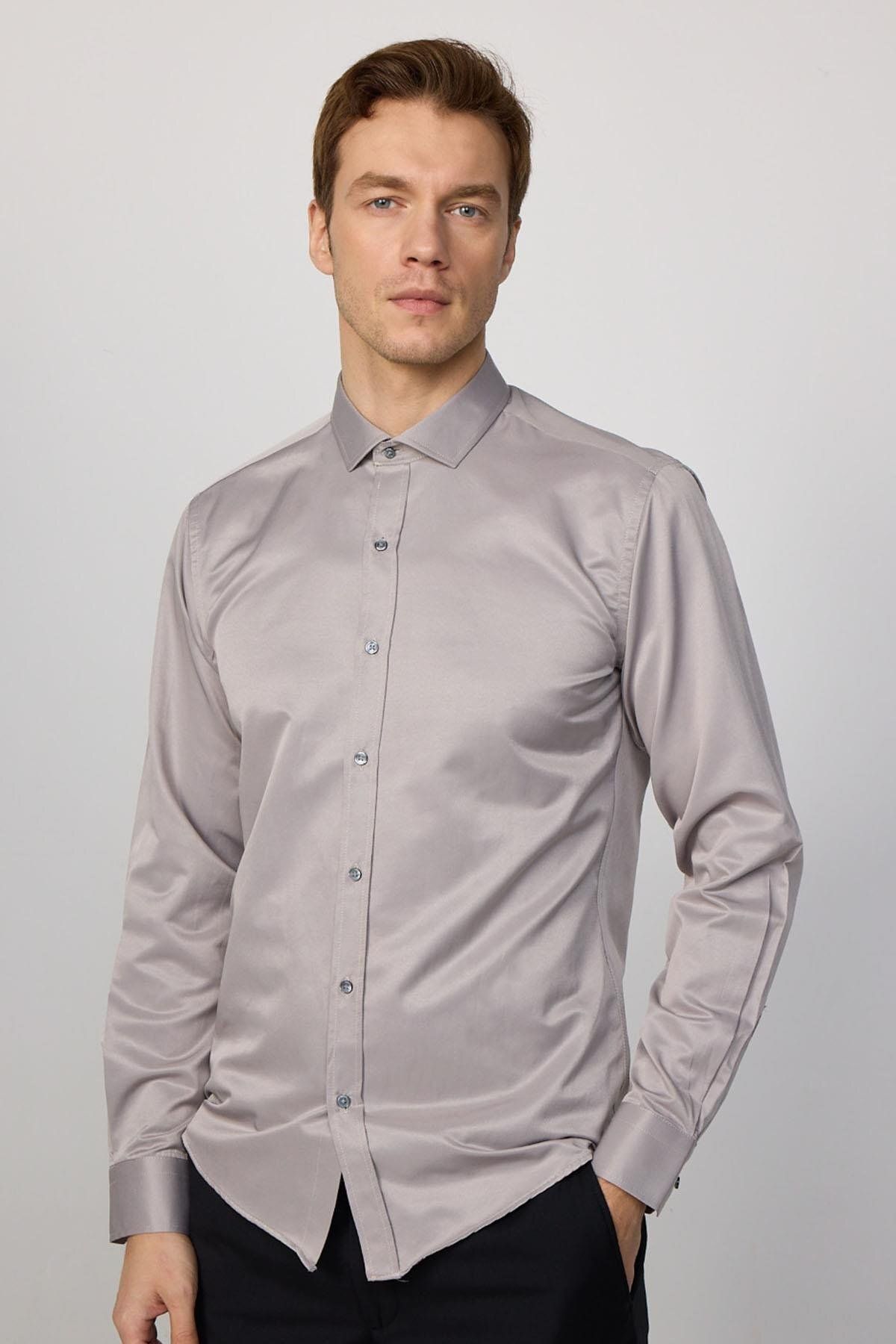 Tudors Modern Slim Fit Uzun Kollu Düz Saten Pamuklu Gri Erkek Gömlek