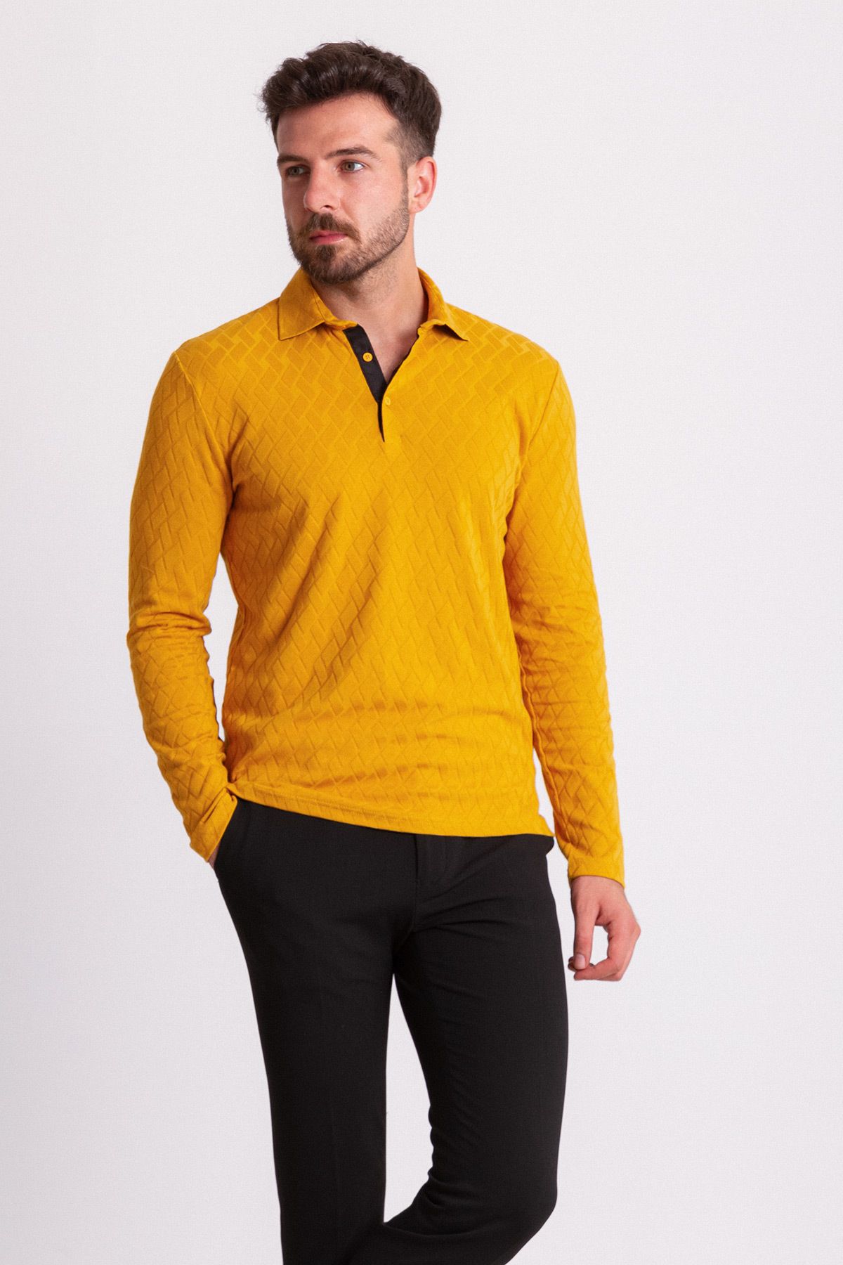 Mcr Desenli Sarı Renk Slim Fit Uzun Kollu Polo Yaka Erkek T-shirt