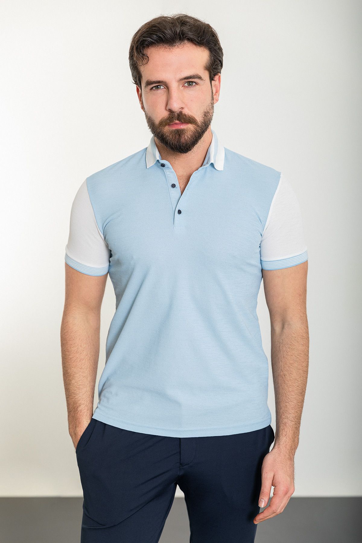 Mcr Parçalı Mavi Slim Fit Polo Yaka Erkek T-shirt