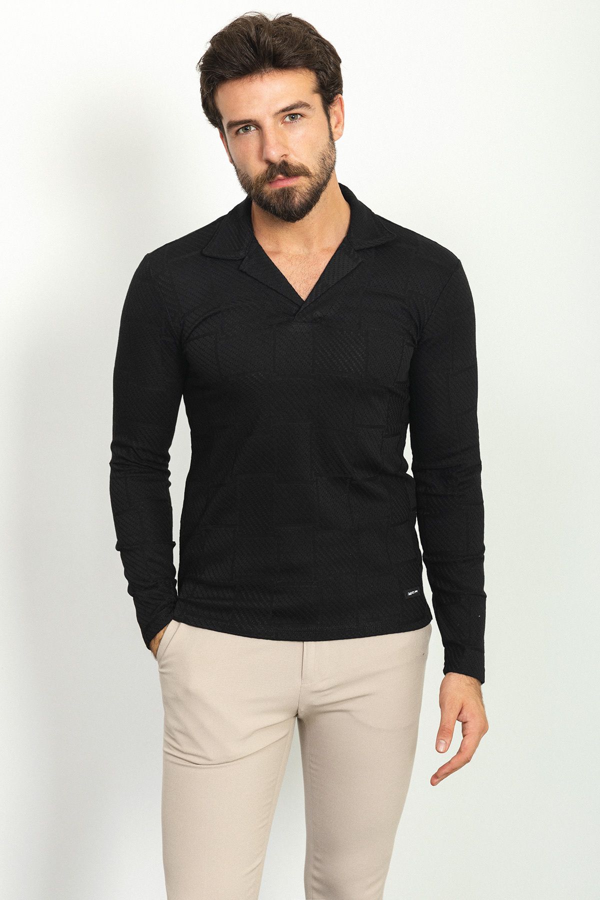 Mcr Desenli Siyah Renk Slim Fit Apaç Yaka Uzun Kollu Erkek T-shirt