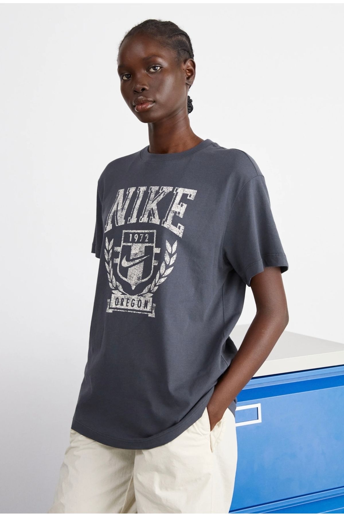 Nike Sportswear Fleece Boyfriend Short-Sleeve Oversize Gri Kadın T-shirt