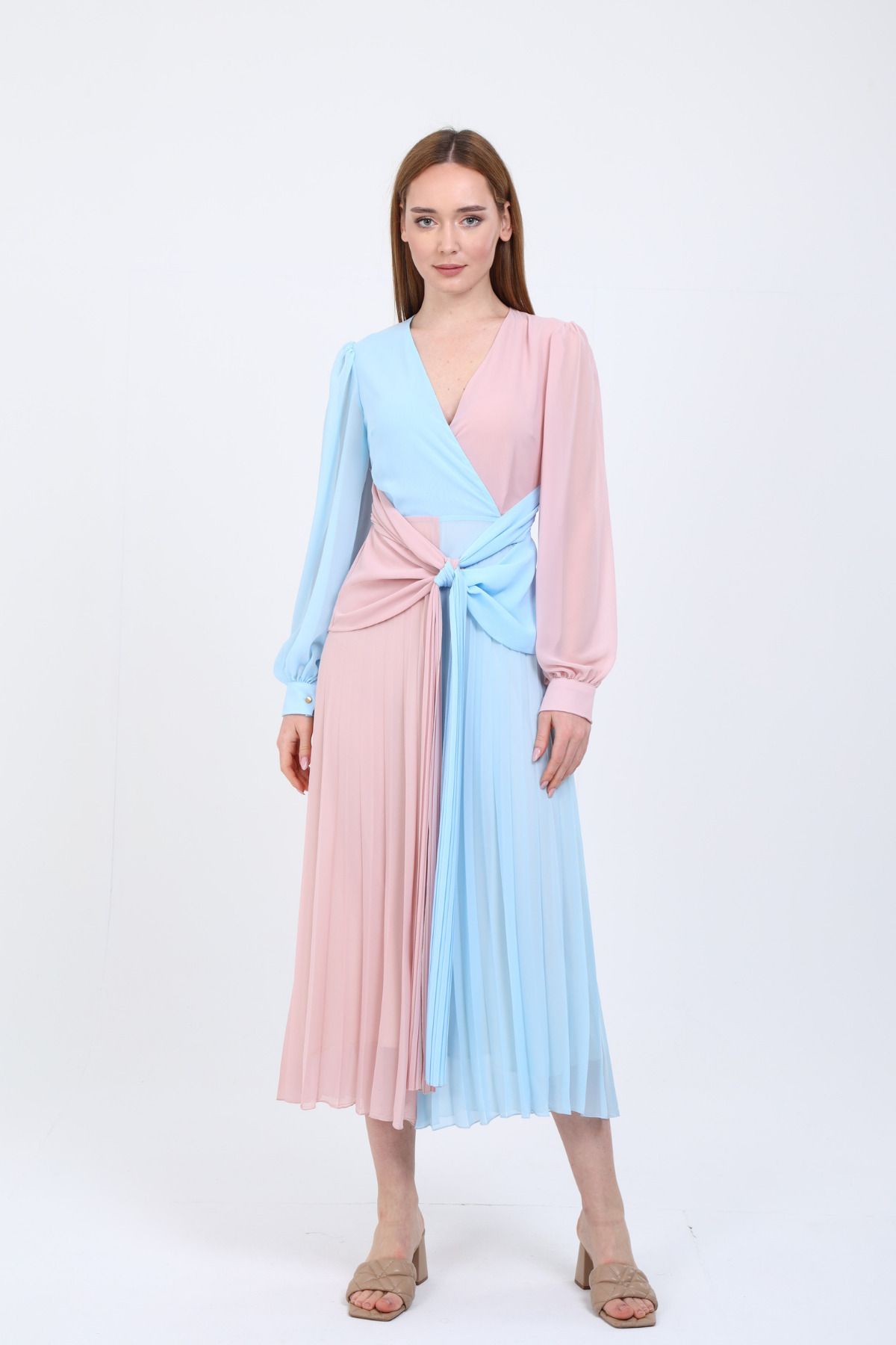 Mimya Pembe Çift Renkli Elbise 2522