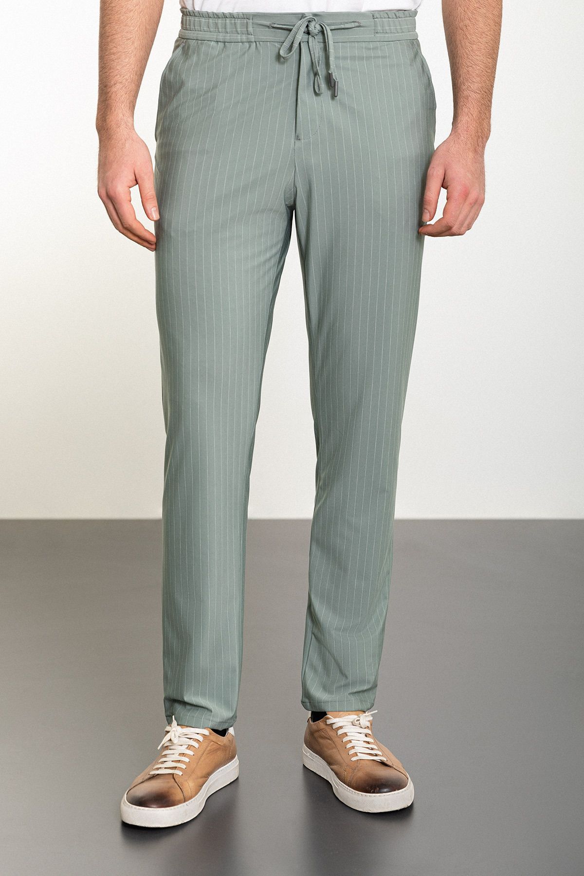 Mcr Çizgili Açık Yeşil Super Slim Fit Beli Lastikli Ipli Erkek Pantolon
