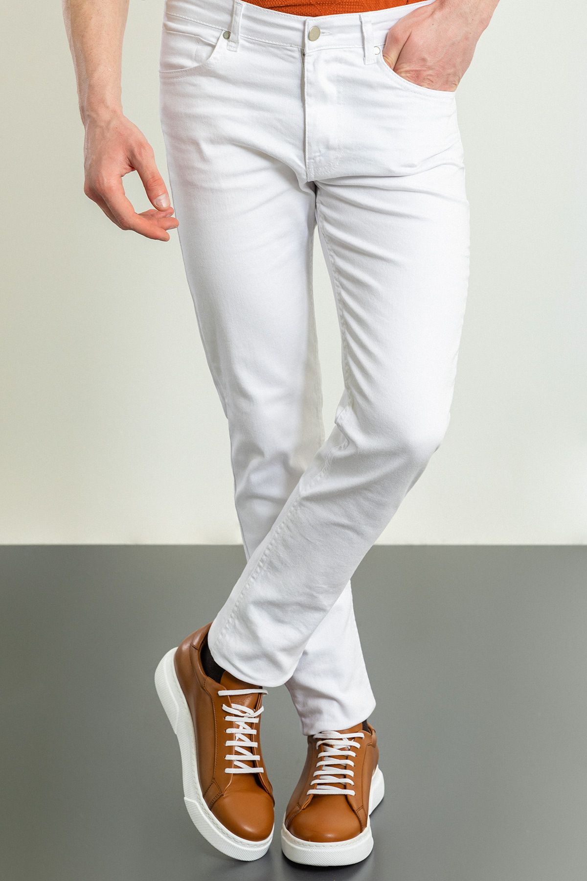 Mcr Düz Beyaz Renk Super Slim Fit Kanvas Erkek Pantolon