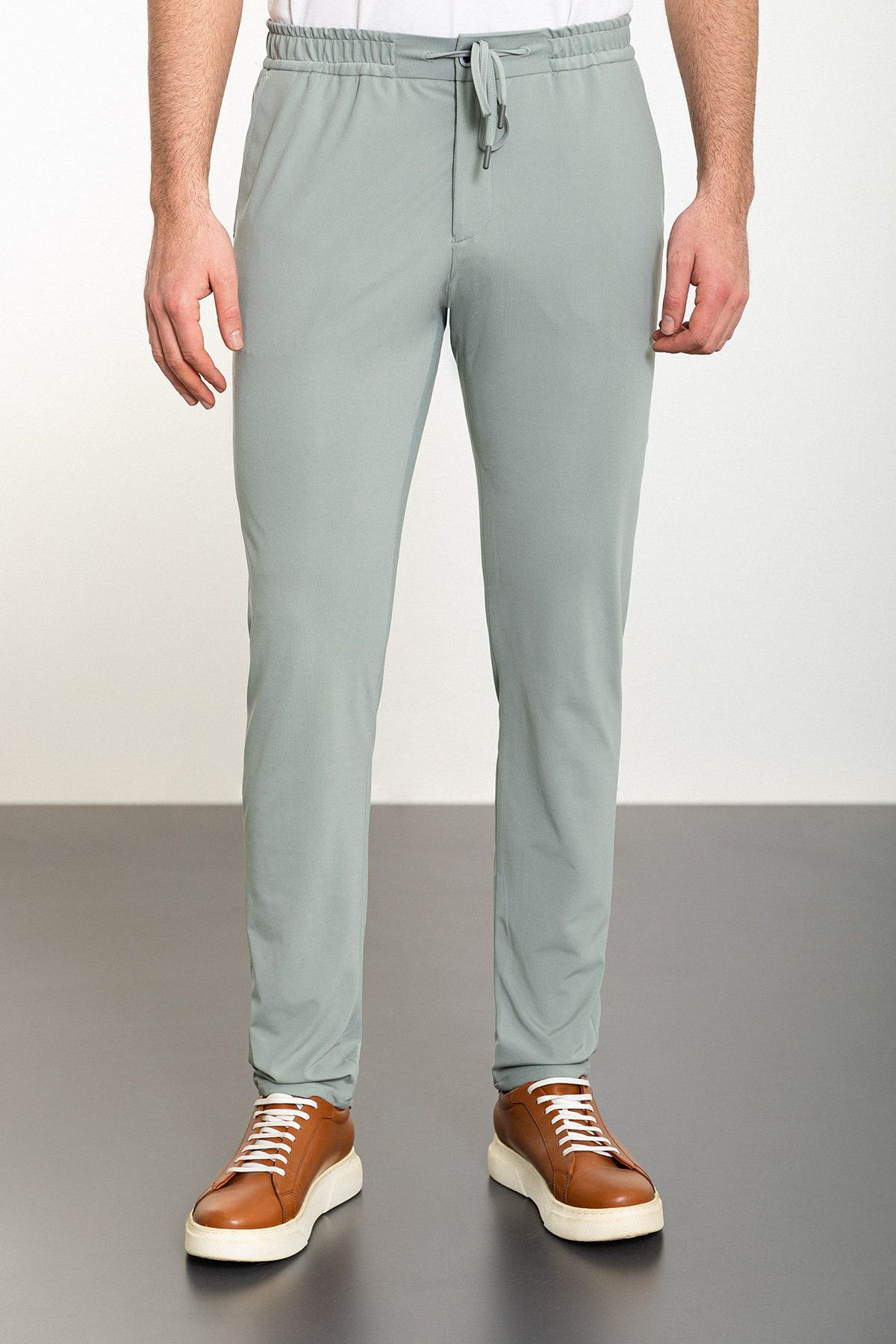 Mcr Düz Açık Yeşil Super Slim Fit Beli Lastikli Ipli Erkek Pantolon