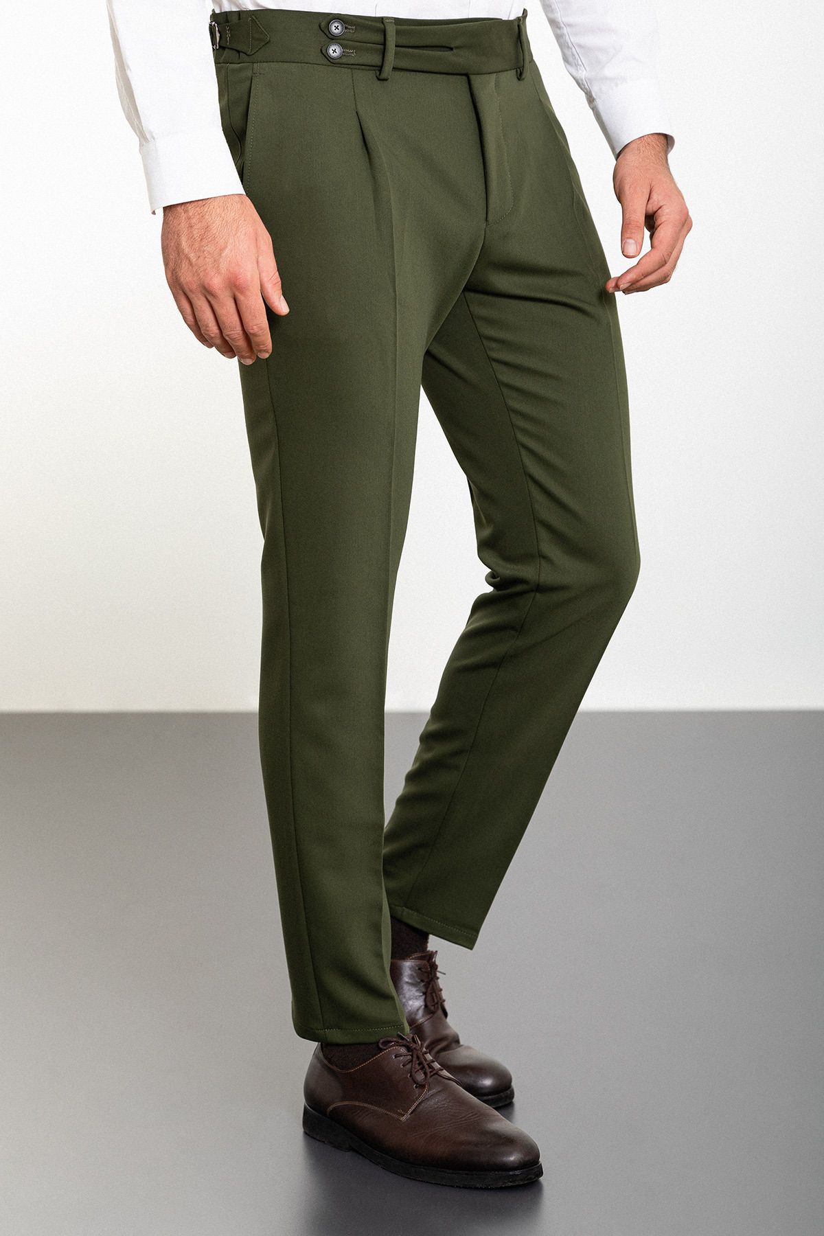 Mcr Düz Haki Super Slim Fit Pileli Kemer Detaylı Tokalı Erkek Pantolon