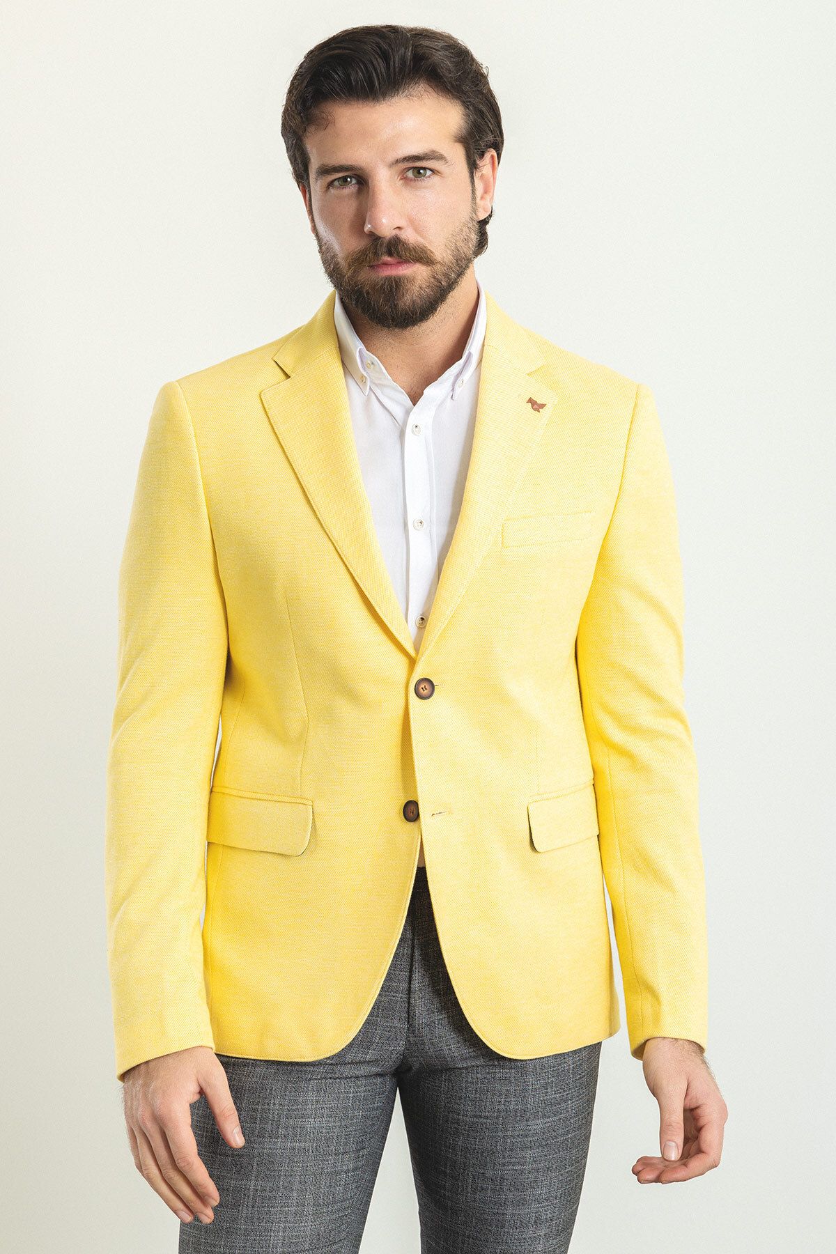 Mcr Desenli Sarı Renk Slim Fit Mono Yaka Erkek Ceket