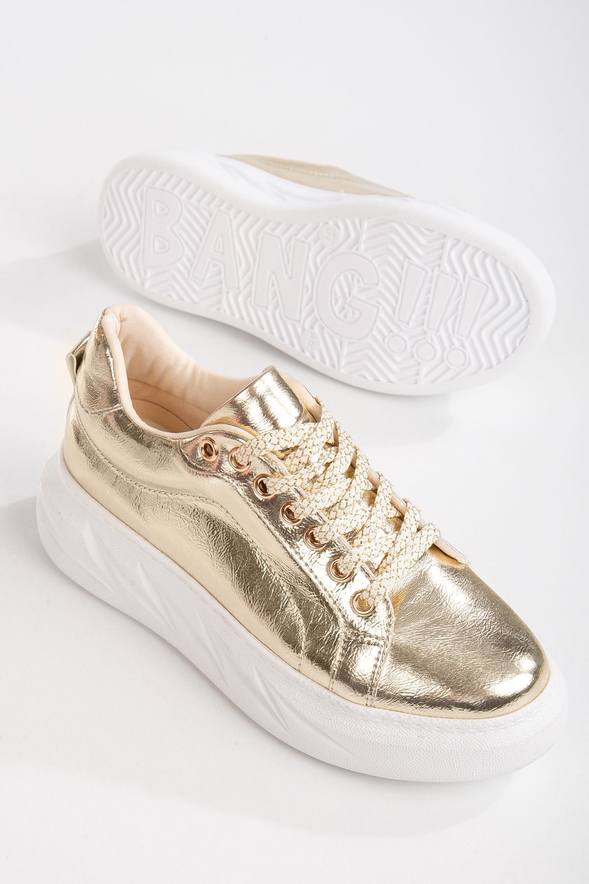 Genel Markalar Nerina Gold Cilt Kalın Tabanlı Parlak Detaylı Sneakers
