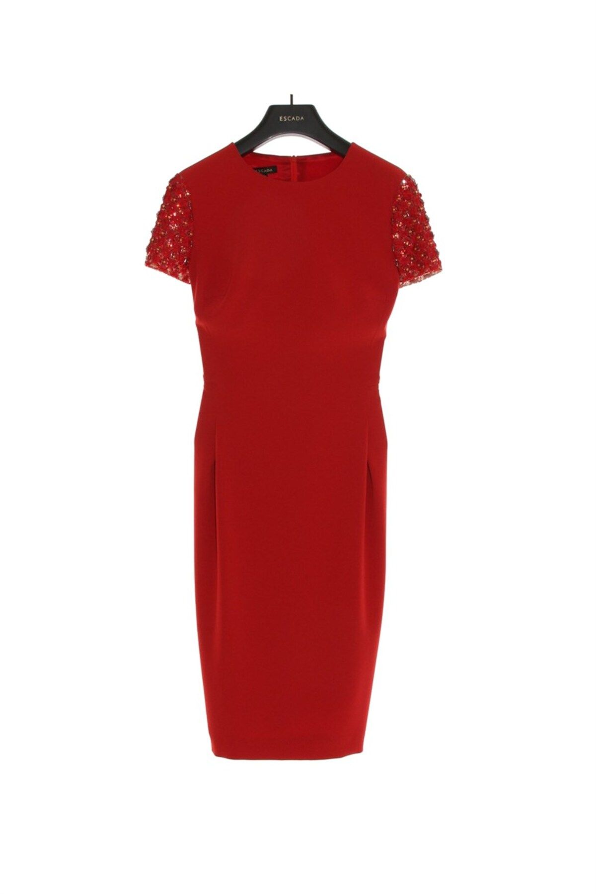 Escada Kol Işlemeli Pile Detaylı Fermuarlı Klasik Kırmızı Kalem Elbise