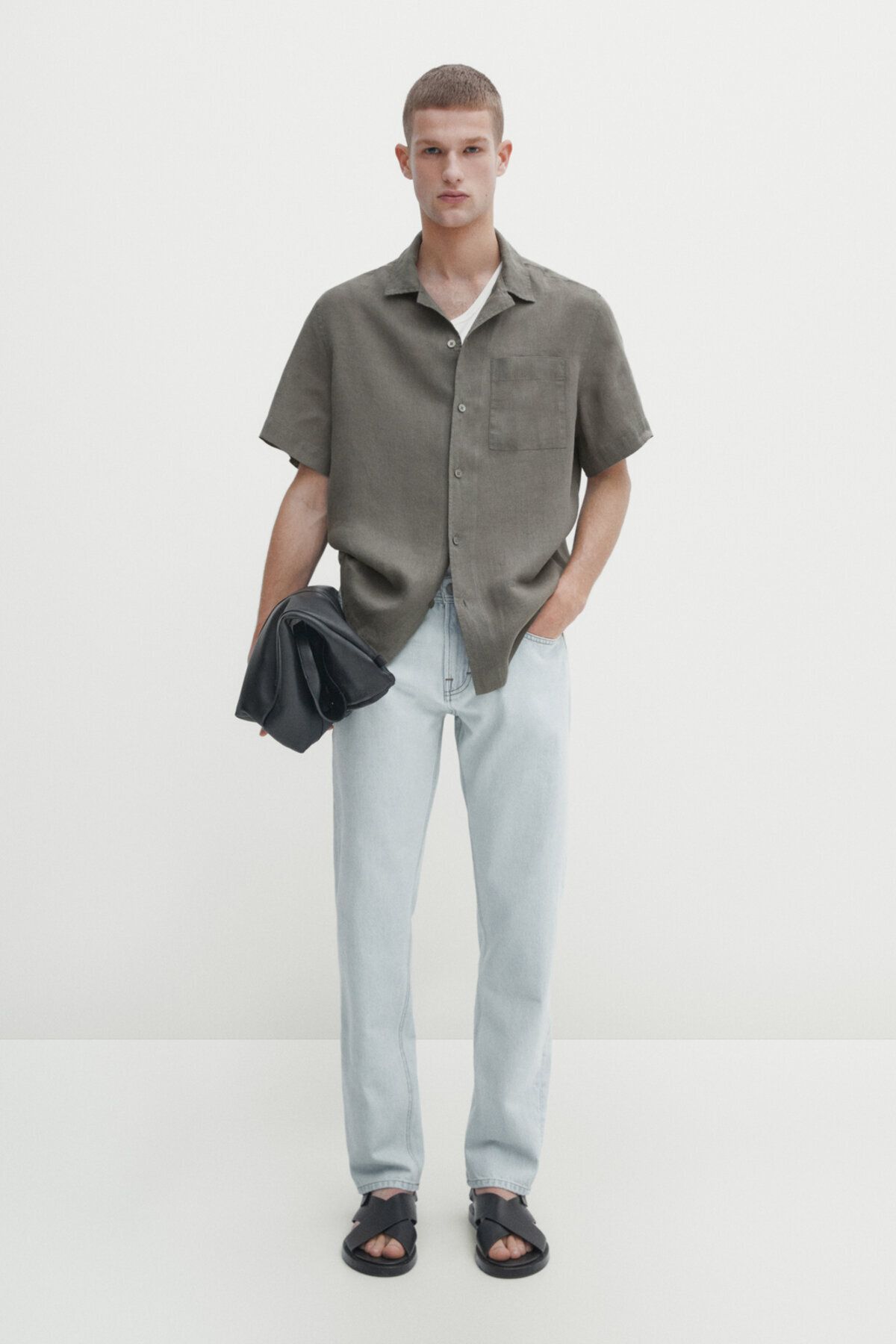 Massimo Dutti Slim fit kısa kollu keten gömlek