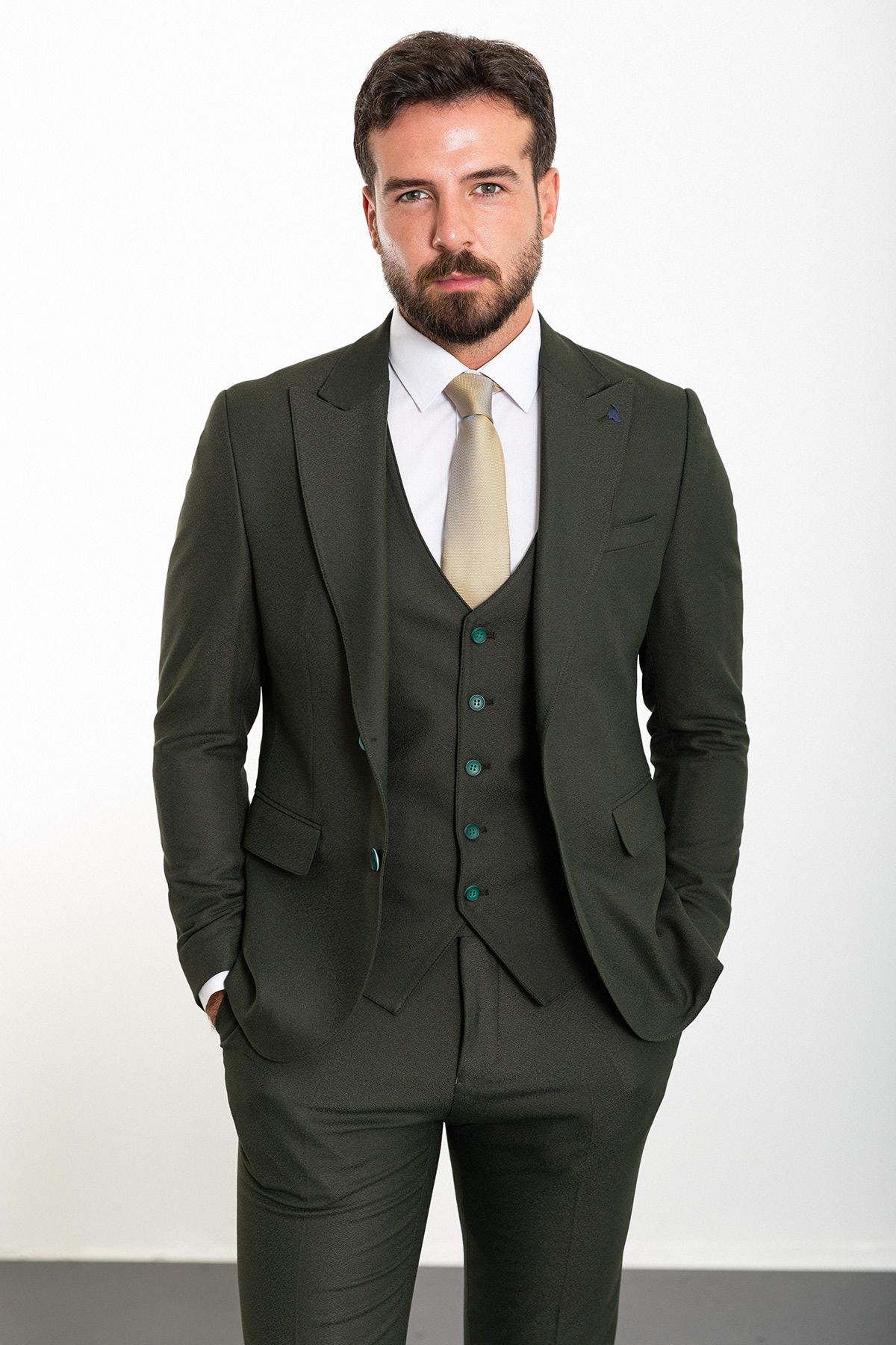 Mcr Düz Haki Slim Fit Geniş Yaka Yün Klasik Erkek Takım Elbise
