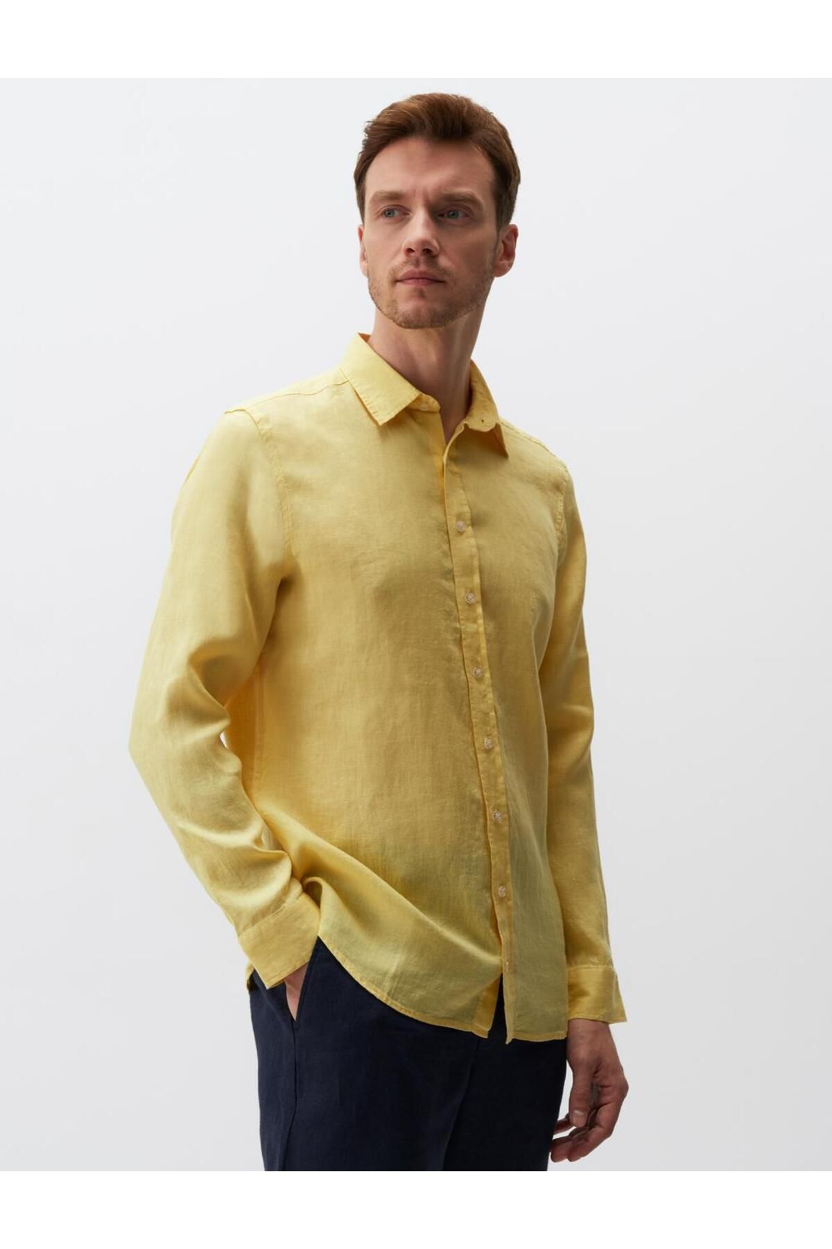 Jimmy Key Sarı Düz Kesim Uzun Kollu Erkek Keten Gömlek