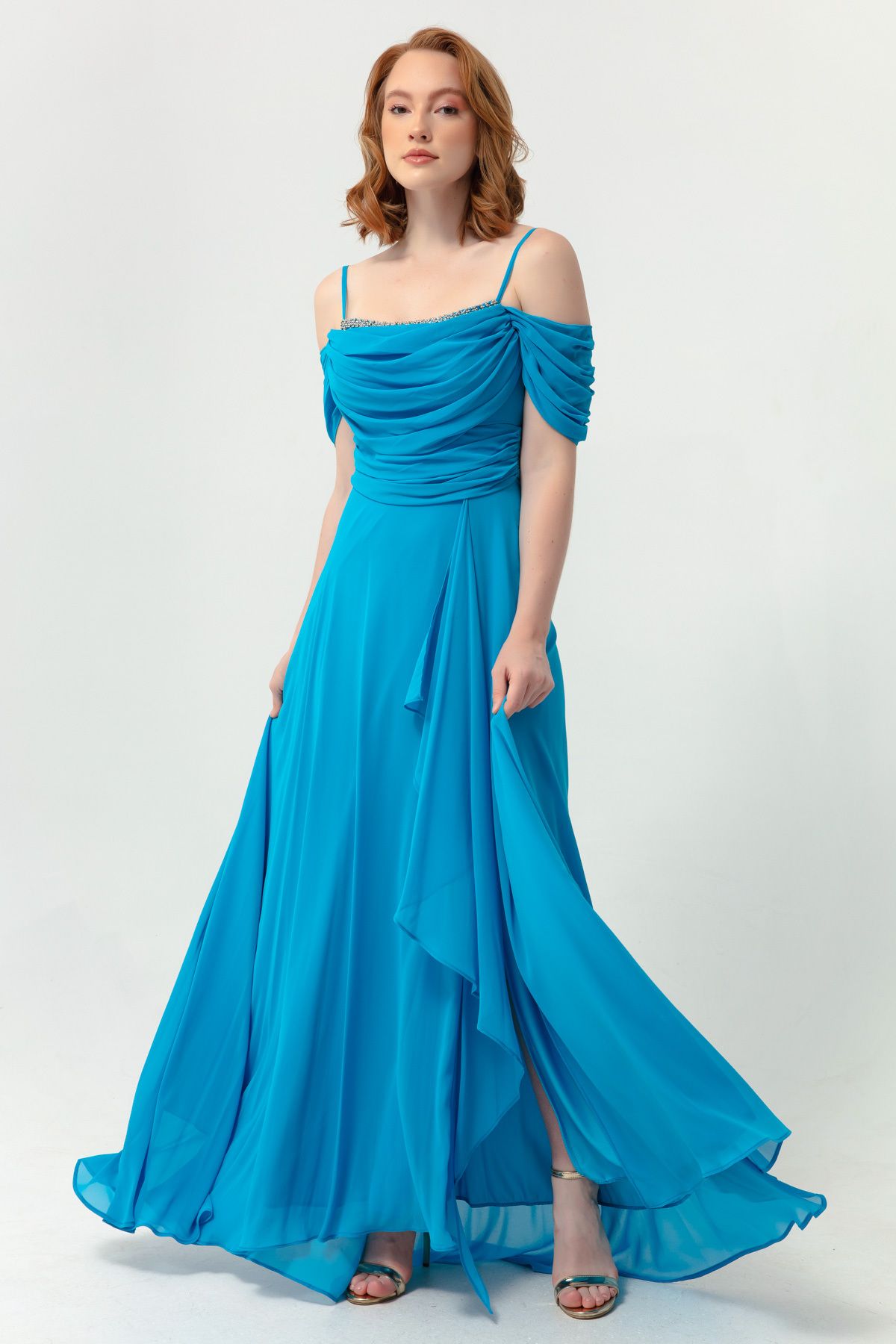 Lafaba Kadın Mavi İp Askılı Taş Detaylı Uzun Abiye Elbise