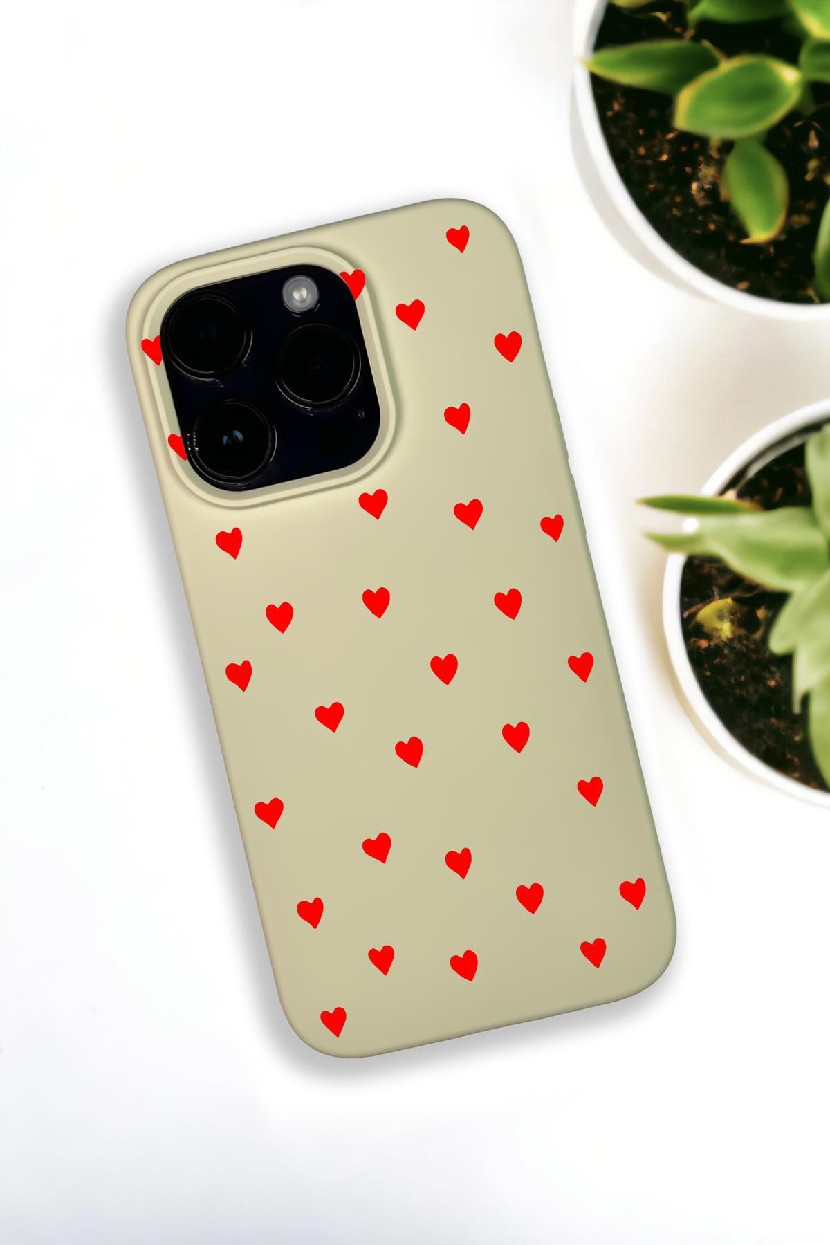 mooodcase iPhone 14 Pro Max Uyumlu Sevimli Kalpler Desenli Premium Silikonlu Krem Lansman Telefon Kılıfı