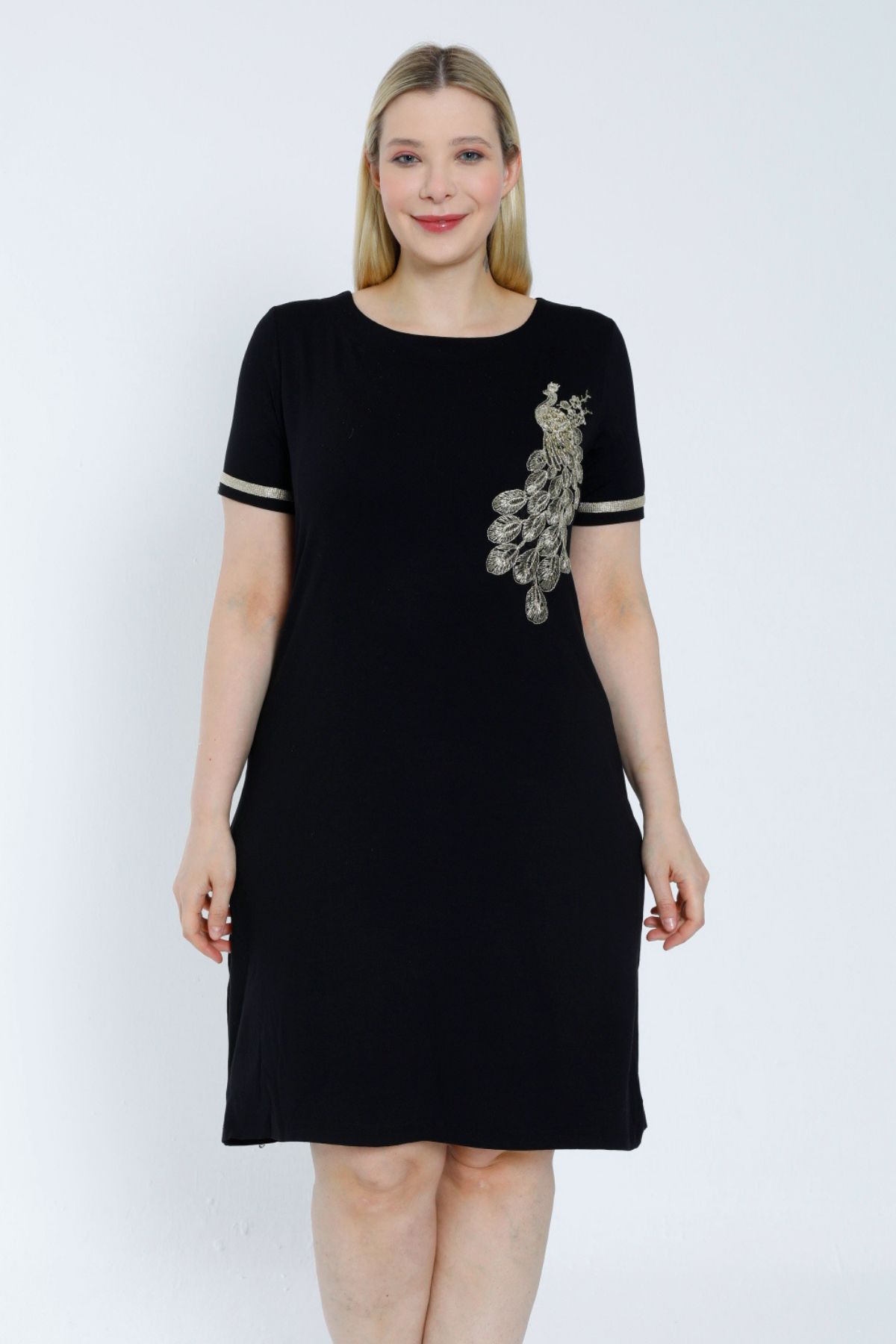 İntensive kadın siyah büyük beden kısa kollu nakış detaylı elbise