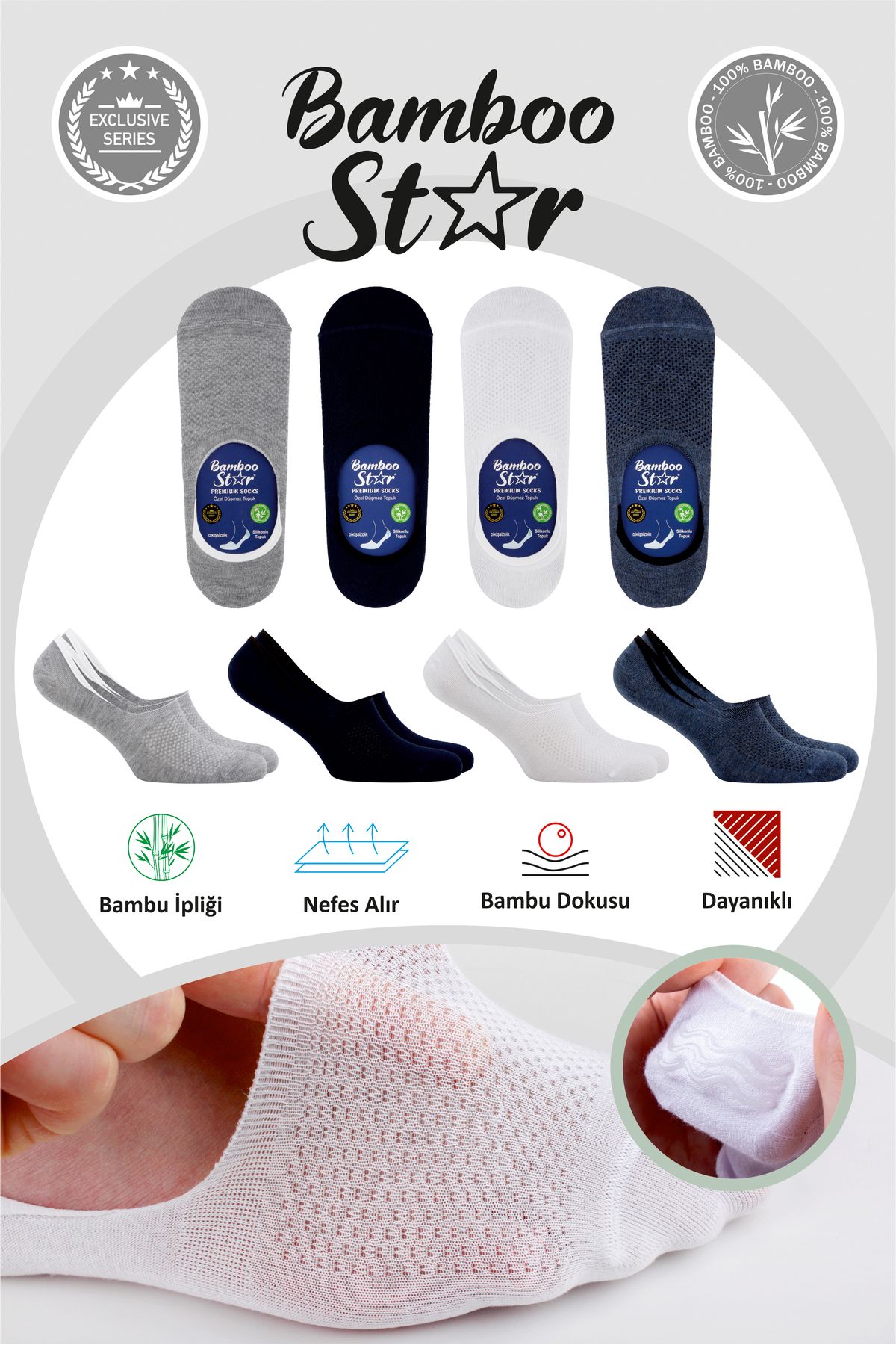 bamboo star Bambu Erkek Çorap Dikişsiz Görünmez Terletmez Fileli Kaydırmaz Topuk Silikonlu Premium 4lü Paket