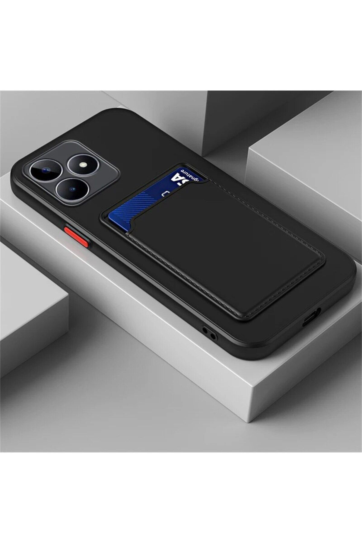 Fibaks Tecno Spark 10 Pro Kılıf Kamera Korumalı Kartlıklı Cüzdanlı Kırmızı Tuşlu Siyah Silikon Kapak
