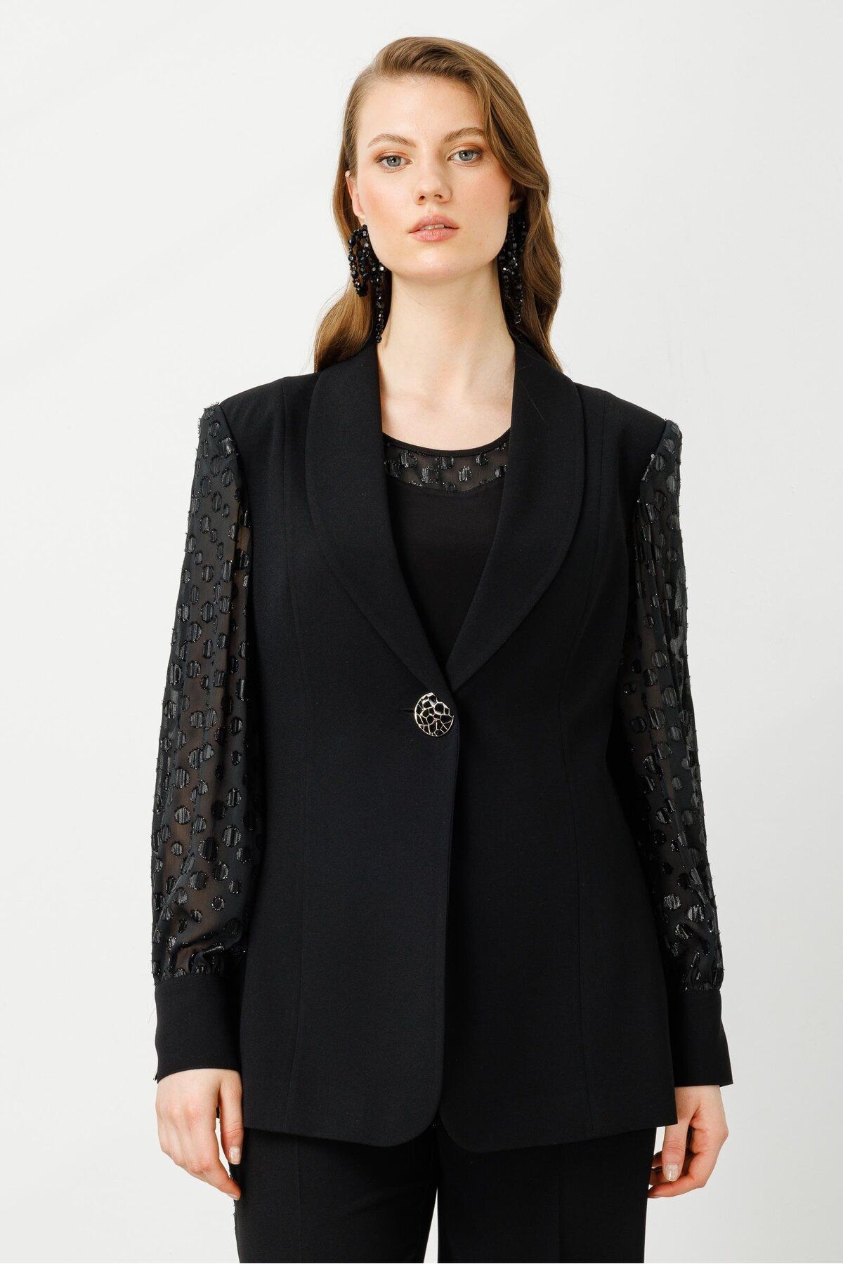 Moda İlgi Modailgi  Kolları Simli Puan Jakarlı Ceket Siyah