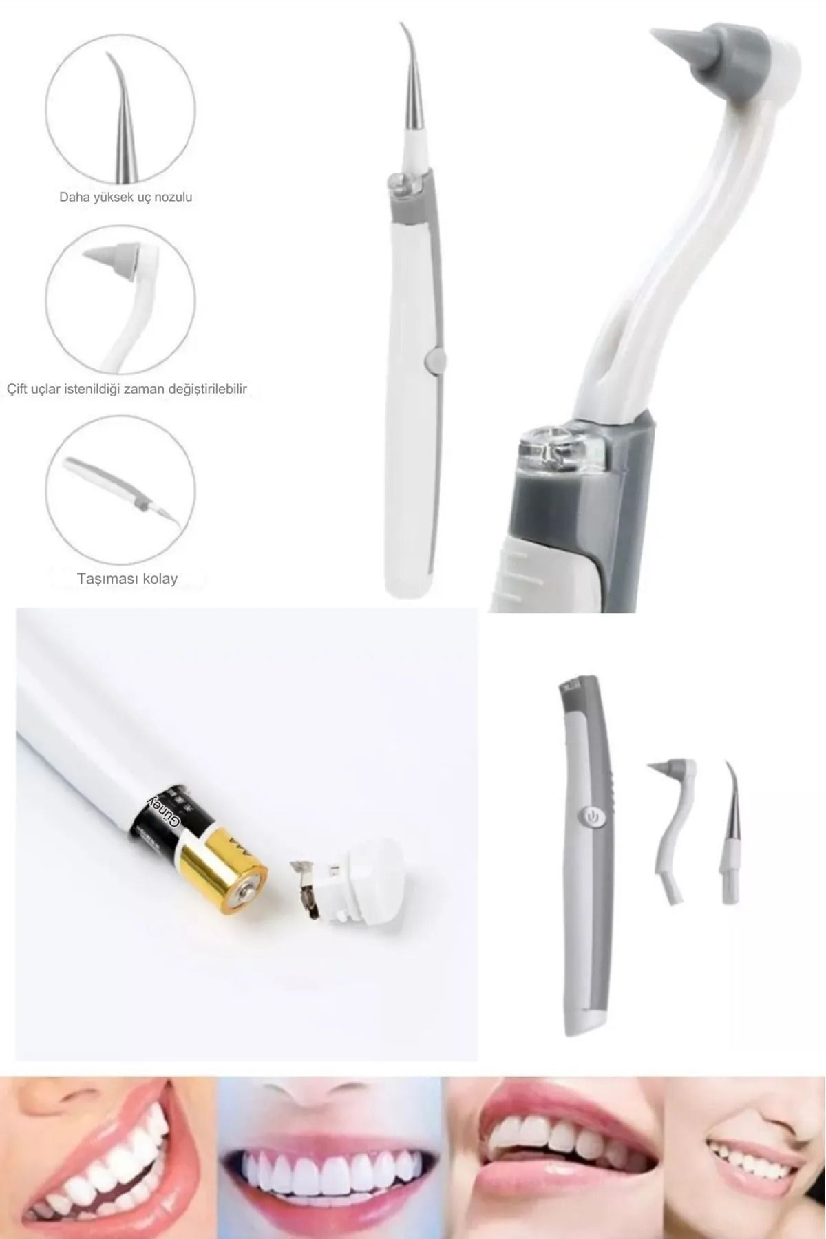 Uniquem 2 Başlıklı Pilli Diş Taşı Temizleme Aleti Ağız Bakım Tartar Leke Temizleme Cihazı