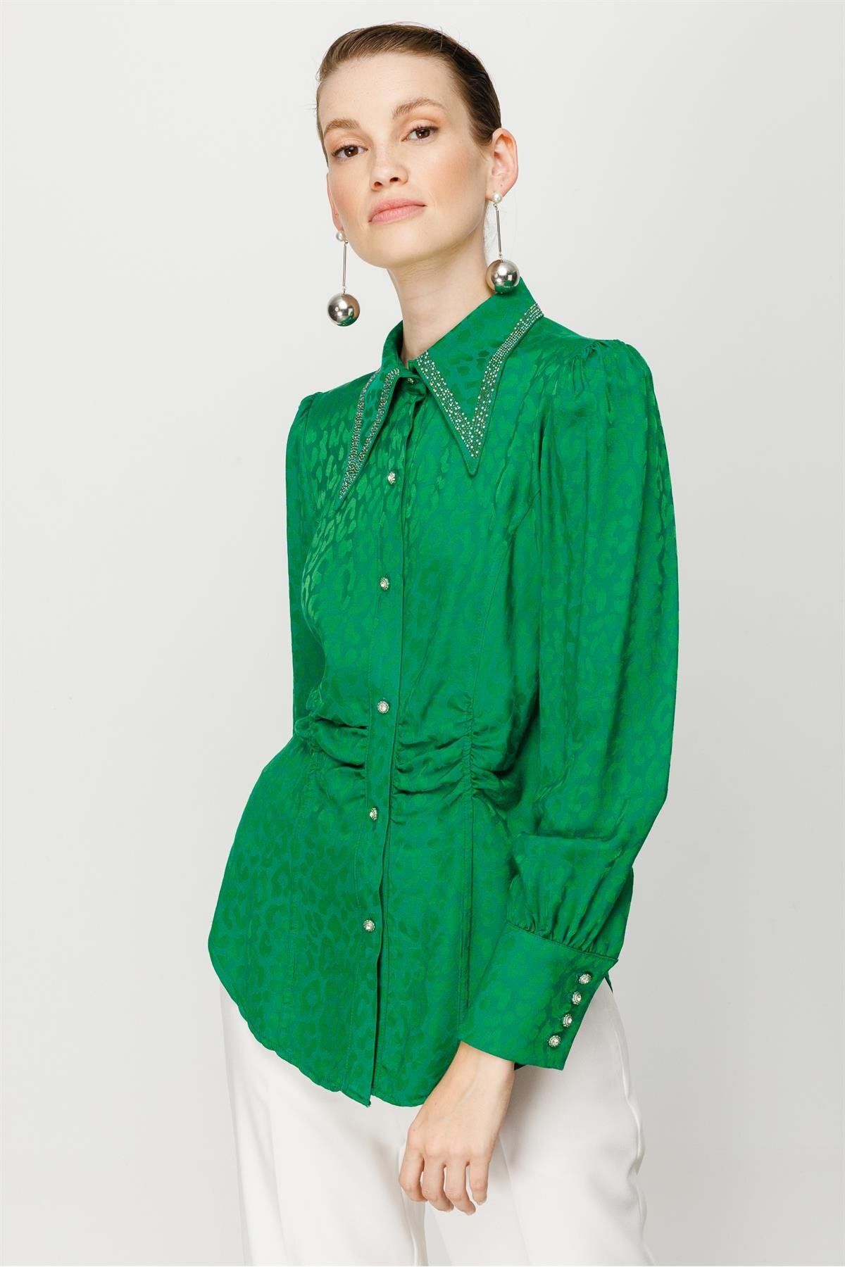 Moda İlgi Modailgi Yakası Taşlı Beli Büzgülü Jakarlı Bluz Yeşil